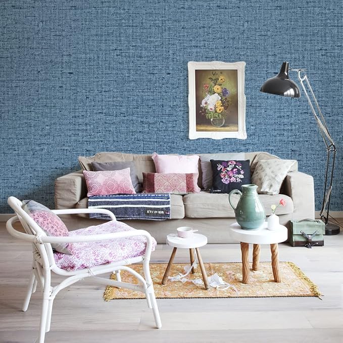 Blue Grasscloth Peel and Stick Wallpaper Textured Linen Adhesive Contact Paper