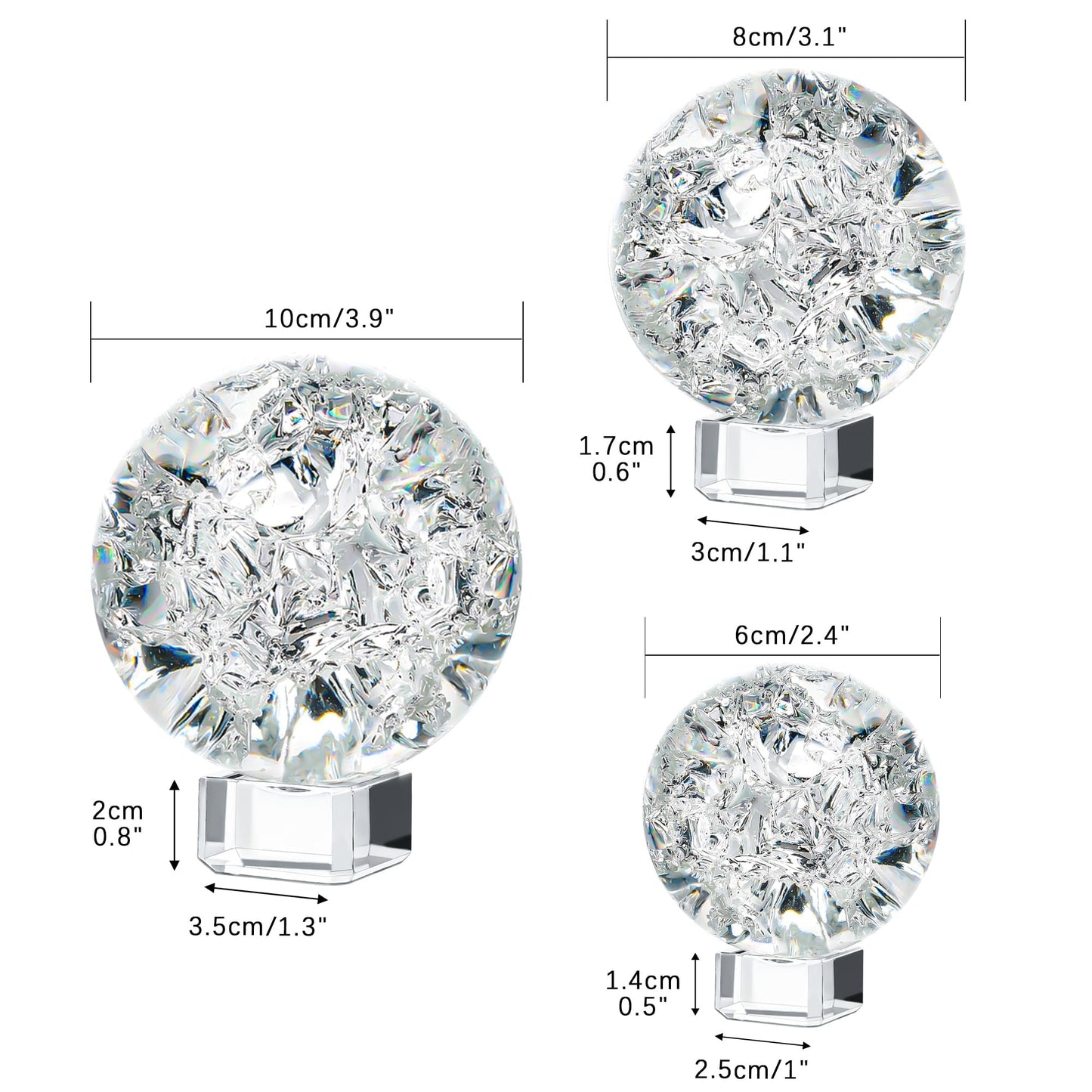 ZEERSHEE Set of 3 60/80/100mm Crystal Cracked Balls Glass Globe Paperweight Decor Solid Decorative Sphere with Stand Feng Shui Divination or Fortune Telling Ball