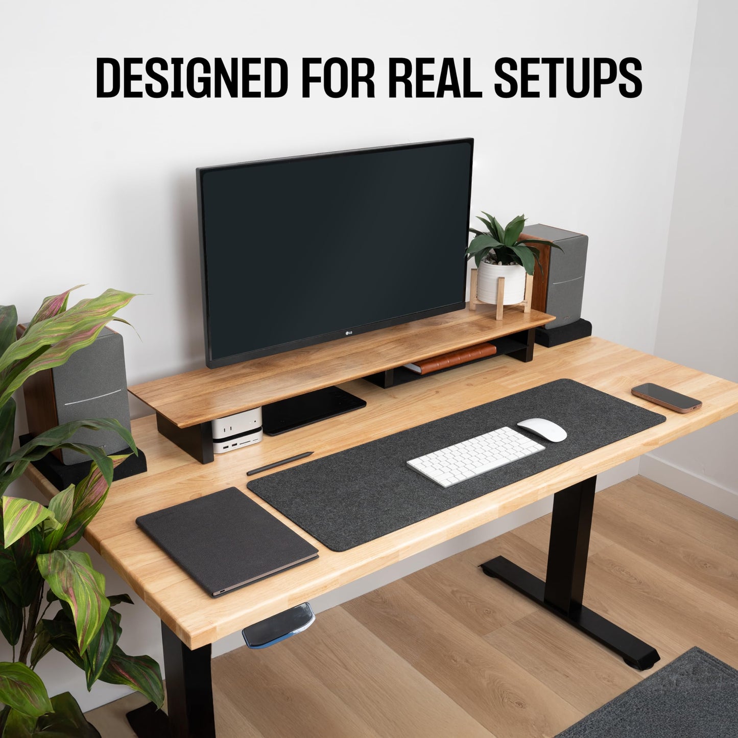 COREMINDED Solid Wood Dual Monitor Stand Riser – 43" Oak Desk Shelf for 2 Monitors with Tray & Wool Felt, Organizer for Desktop, Laptop and Office (Solid Oak)