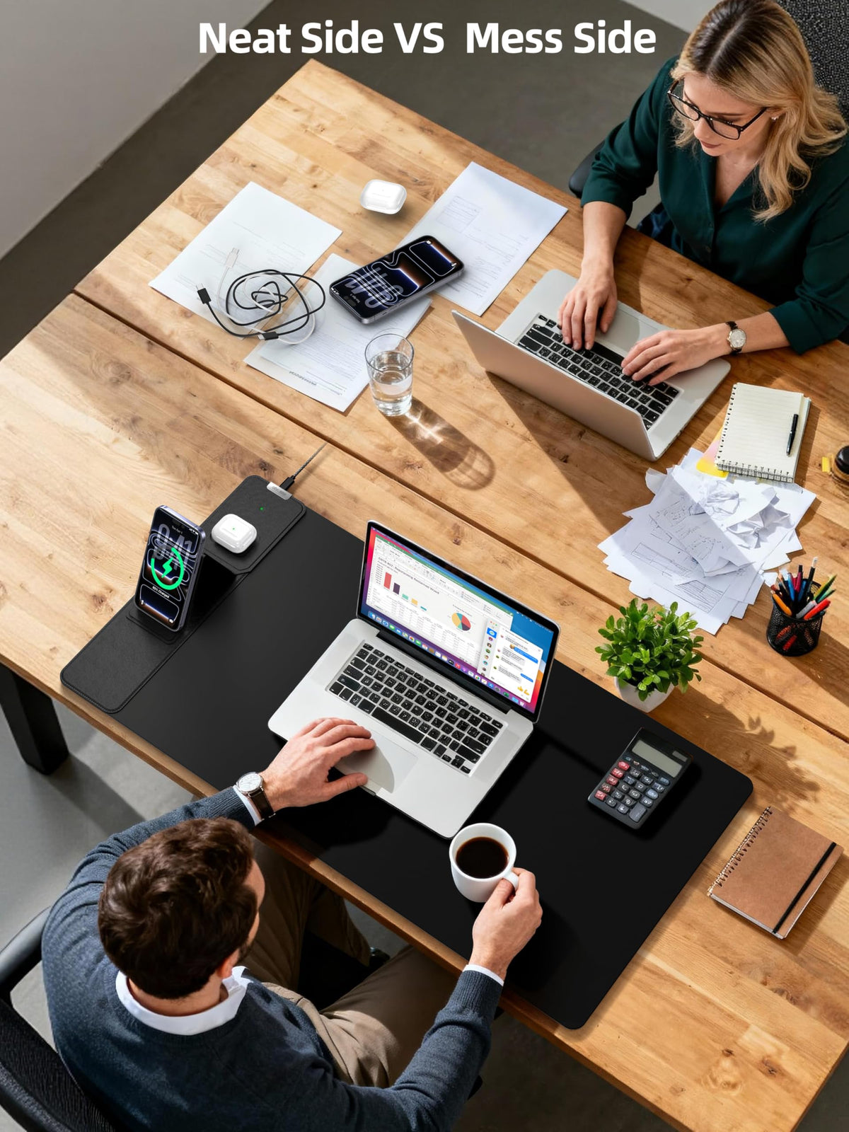 Mouse Pad with Magnetic Wireless Charging & Adjustable Phone Stand, 31.5"x15.8" Extended Desk Mat, Waterproof Ultra-Smooth Keyboard Pad, Non-Slip Base, Black