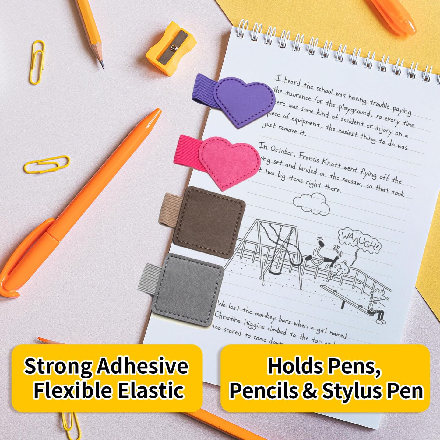 8-Pack Square & Heart Self-Adhesive Elastic Pen Loop Holders – Sticky Pen Holders for Notebook, Bible, Planner, Journal, Diary & Sketchbook – Elastic Design, 8 Colors Included