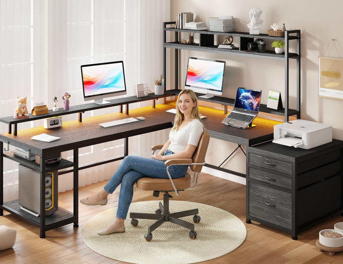 EnHomee104''Gaming Desk with Hutch and Drawers, Reversible L Shaped Desk with Power Outlet & Monitor Stand & LED Lights, Computer Corner Desk, Two Person Desk of 3 monitors for Living,Gaming,Black