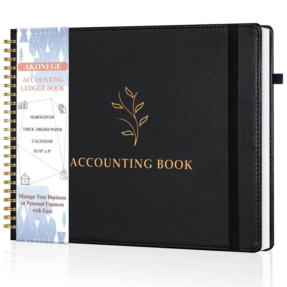 AKONEGE Accounting Ledger Book for Personal & Small Business Bookkeeping, Horizontal Income and Expense Tracker Notebook with Calendar, Hardcover Columnar Log Journal 10.78'' x 8'', Black