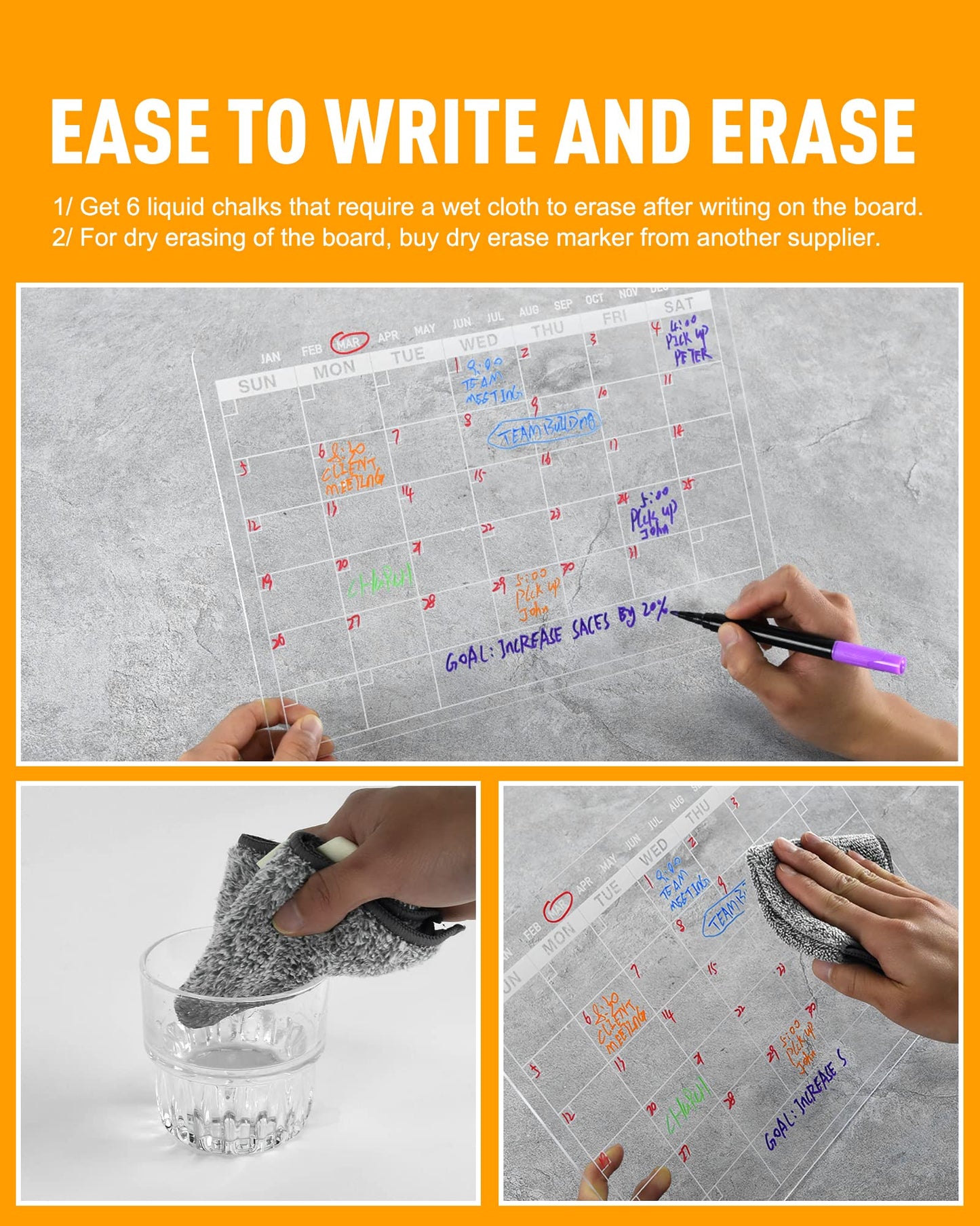 Acrylic Dry Erase Calendar Board to Do List Desktop Clear Memo Note Board, 9x13 Tabletop Whiteboard with Stand for Office, Home, School, Includes 6 Dry Erase Markers White