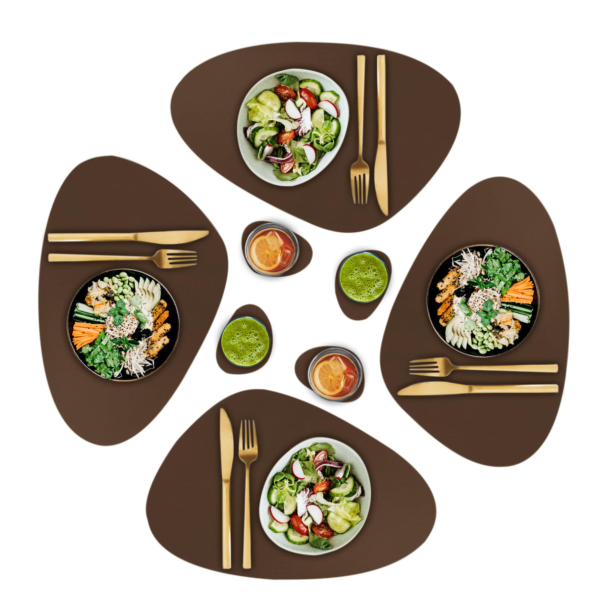 CaSail Faux Leather Placemats and Coasters - Set of 4 Round Modern Brown Table Mats for Dining - Heat Resistant, Waterproof & Non Slip Place mat for Indoor & Outdoor - Wipeable for Easy Care (Brown)