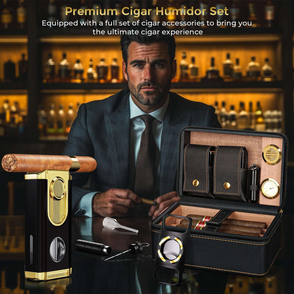 Travel Cigar Humidor Set, 2-Layer Design & CedarWood Lined, with Cigar Lighter Built-in V Cutter&Holder, Cigar Cutter, Draw Enhancer, Hygrometer, Humidifier, Portable Leather Cigar Case, Gifts for Men