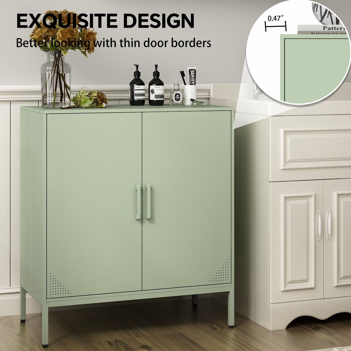 Steehoom Metal Storage Cabinet with Adjustable Shelves, Steel Buffet Sideboard for Entryway, Living Room, Dining Room, Kitchen, Office, Bar (Green, 31.5" D x 15.75" W x 35.43" H)