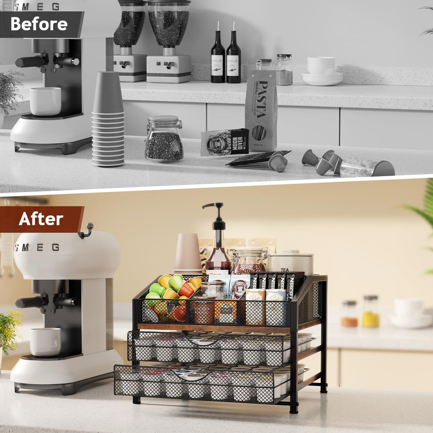 Homsorout Coffee Bar Organizer - Coffee Station for Countertop, Metal and Wood K Cup holder Storage Basket for Coffee Pods, Syrup, Cups, Stirrer, Coffee Condiment, Tea Organizer, Black and Brown