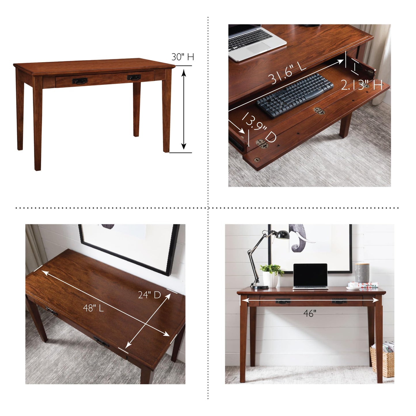 Leick Home 82400 Mission Writing Computer Desk with Drop Front Keyboard Drawer, for Home Office, Solid Wood, Mission Oak