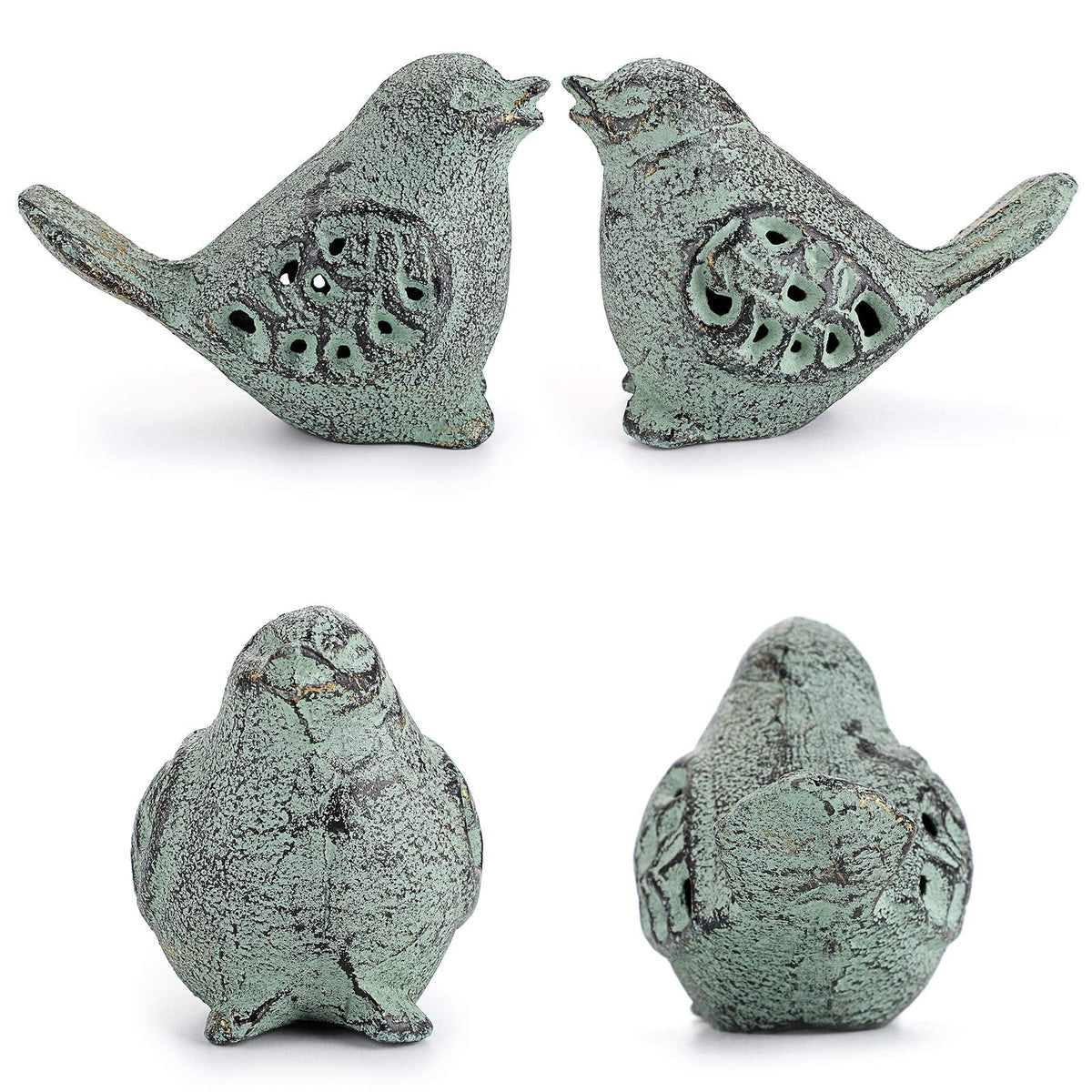 OwnMy 2PCS Cast Iron Green Bird Sculptures - Outdoor & Indoor Small Birds Statues, Hollow Carved Bird Figurines Ornaments Decorative Animal Figurines for Garden Patio Home Decors