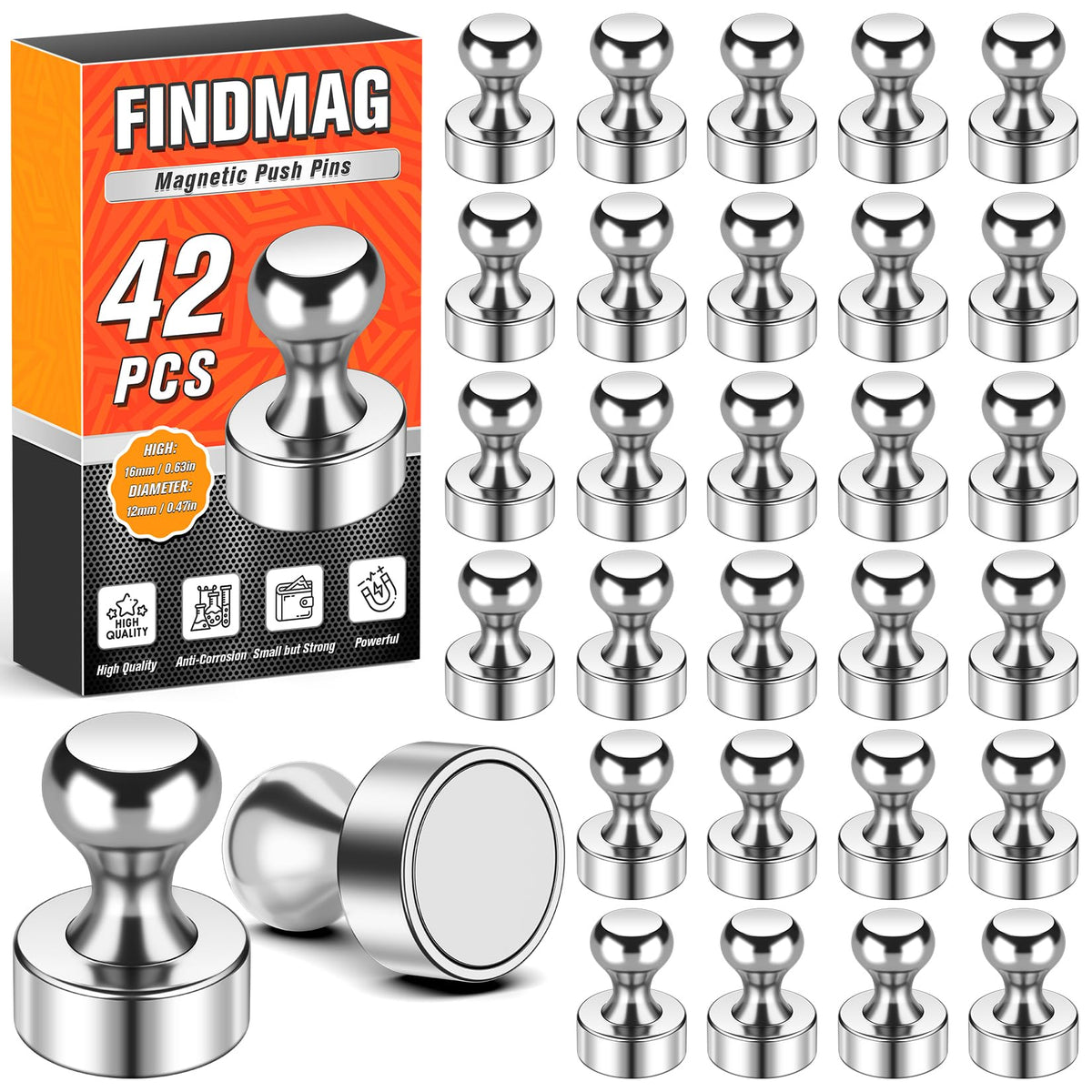 FINDMAG Fridge Magnets, Strong Neodymium Magnets Refrigerator, Heavy Duty Locker Magnet for Adults, Cool Push Pins Magnet for Kitchen, Office, Whiteboard, Classroom Organization, 42 Pack (Silver)