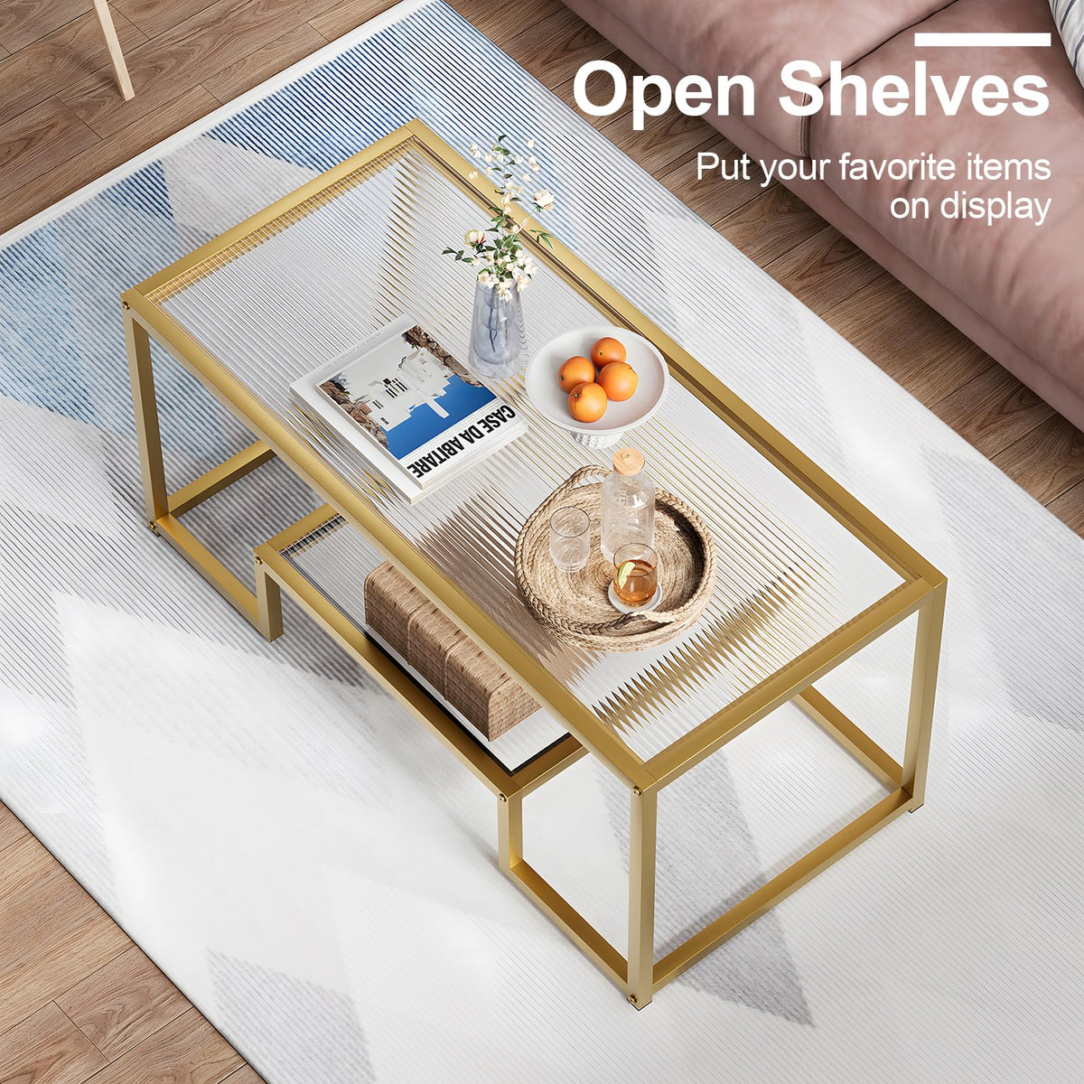 Wolawu Coffee Table Gold Glass Coffee Table for Living Room,2 Tiers Rectangle Center Table with Ribbed Glass Top and Sturdy Metal Frame,Modern Glass Accent Table for Bedroom Home Office