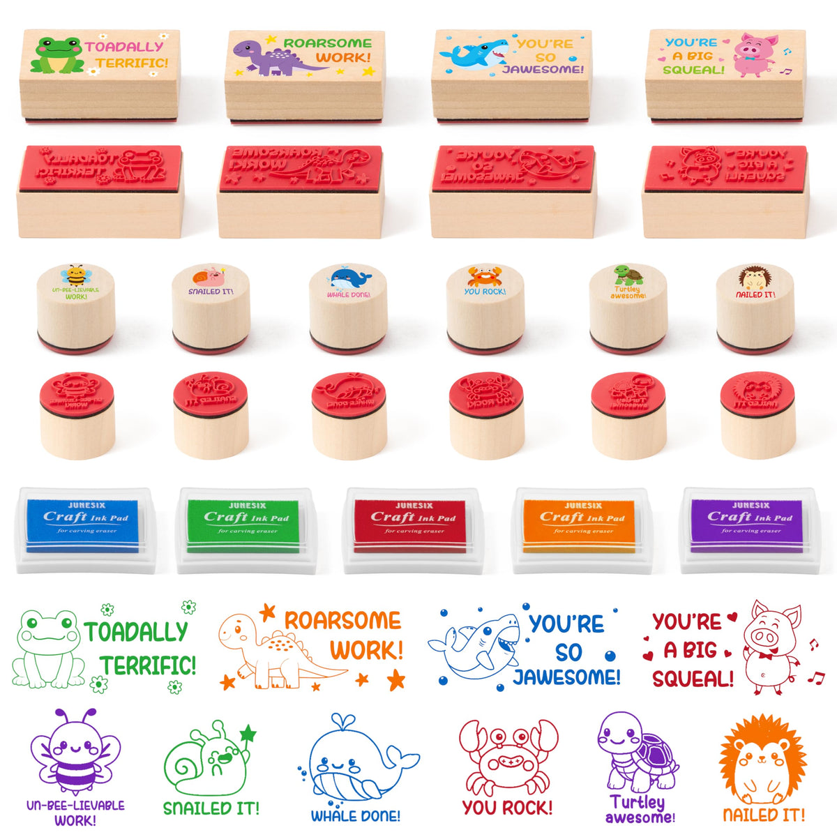 CJiangpo 15Pcs Teacher Wooden Rubber Stamps Set Cute Animal Encouraging Messages Stamps Ink Pads Teaching Print for Classroom Grading Homework Test Motivation Teacher Supplies Students Behavior Reward