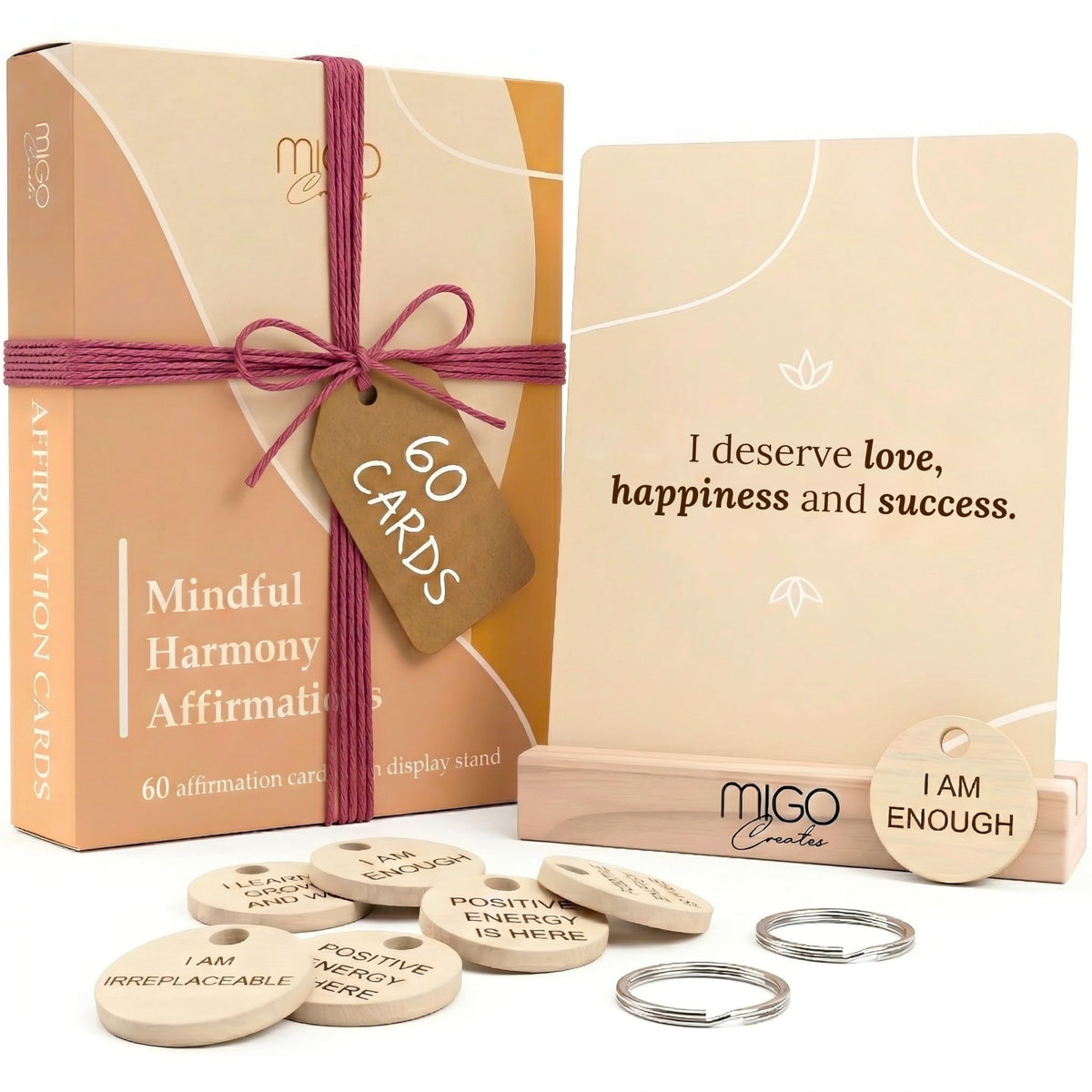Mindful 60 Positive Affirmation Cards for Women with 10 Inspirational Tokens, 2 Rings & Display Stand, Daily Affirmations for Inspiration & Self Care, Unique Gift Cards for Women and Men