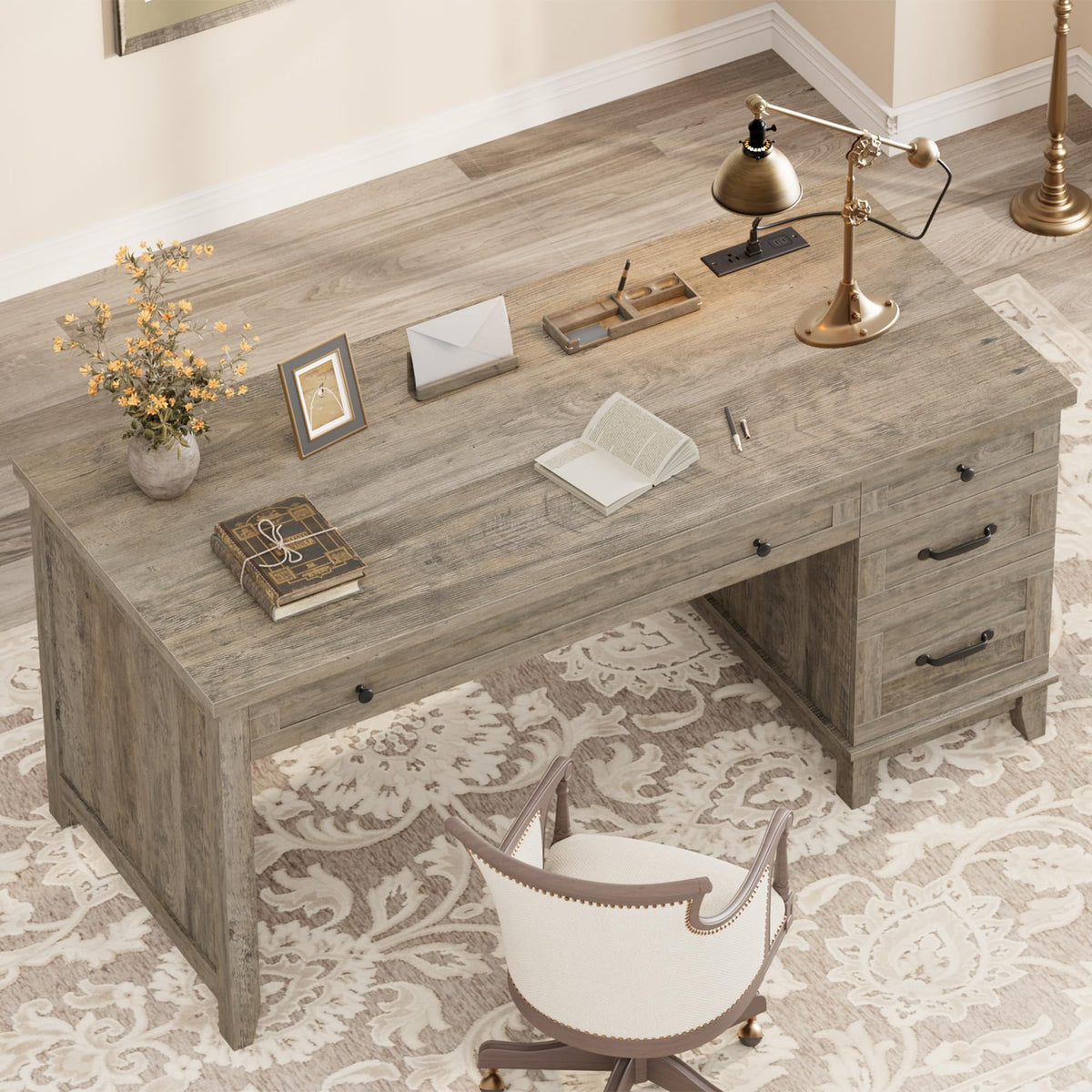 Garvee 53.5" Wooden Home Office Desk with File Drawers, Executive Desk with Power Outlet, Farmhouse Wood Desk with Storage, Distressed Study and Work Table, Rustic Grey