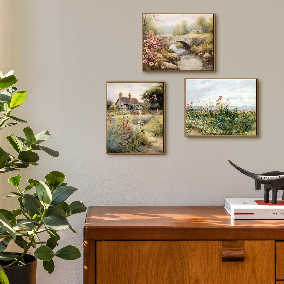 Gardenia Art Framed Country Landscape Wall Art Prints Mountain Bridge River with Blooming Flowers Wall Pictures Spring Scene Canvas Painting Nature View Artwork for Farmhouse Bedroom Home Office Decor