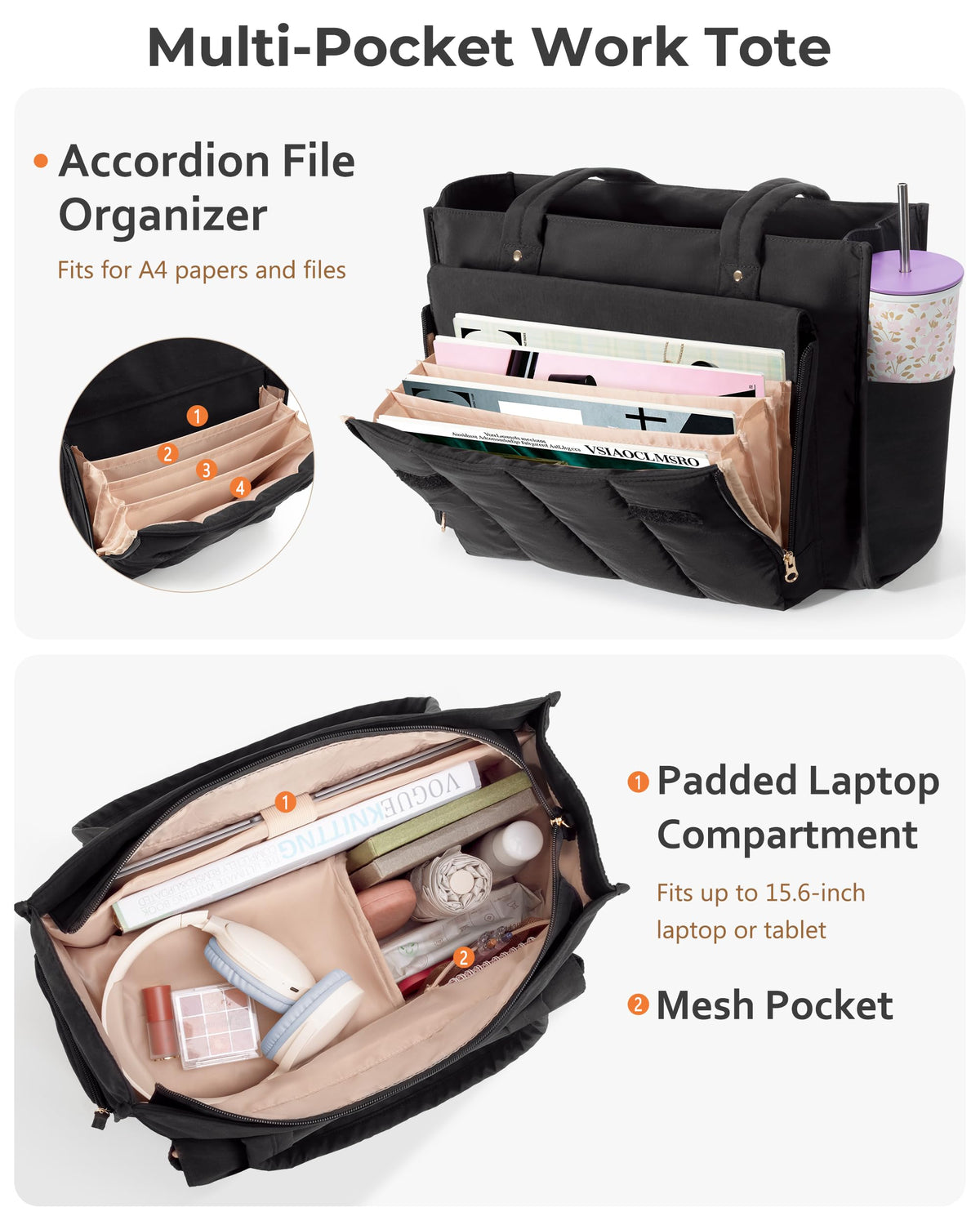 Trahzia Teacher Tote Bag with Lunch Compartment and Accordion Organizer, Insulated Work Lunch Bag Fits for 15.6” Laptop for Women, Black