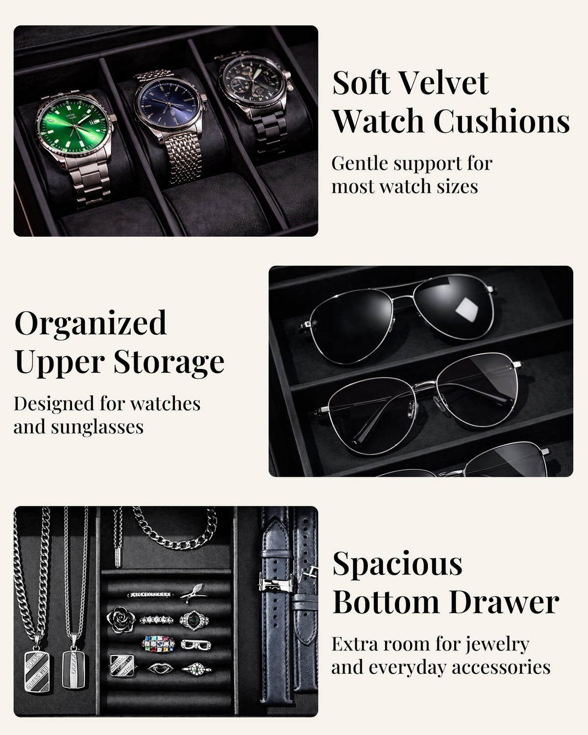 BEWISHOME Men's Wooden Jewelry Box Organizer, 6 Watch and 3 Sunglasses Organizer for Men, Wood Watch Display Case with Glass Lid and PU Leather Interior
