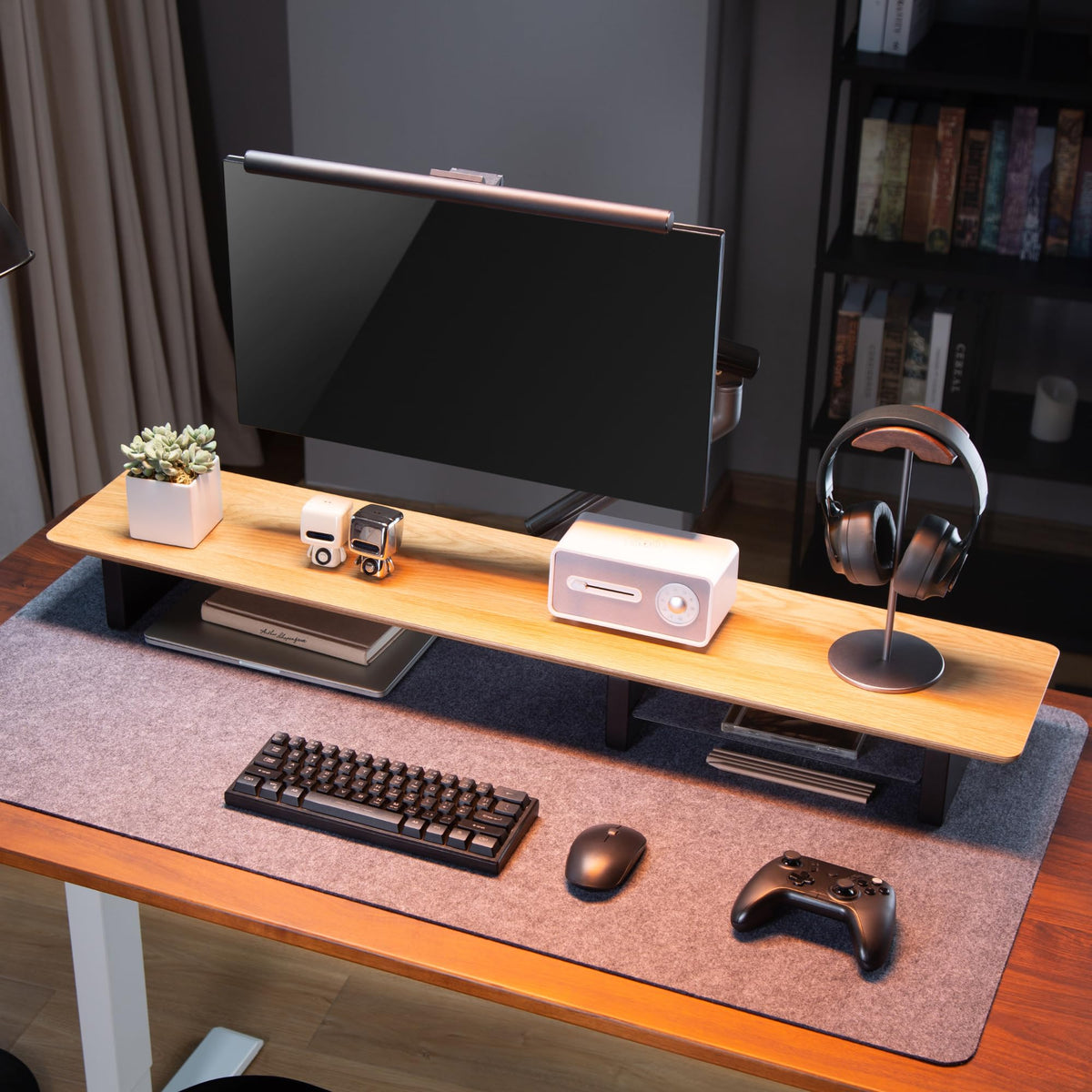 IVE Design White Oak Wood Desk Shelf for Top of Desk 44 Inch Length Wood Monitor Riser with Middle Shelf