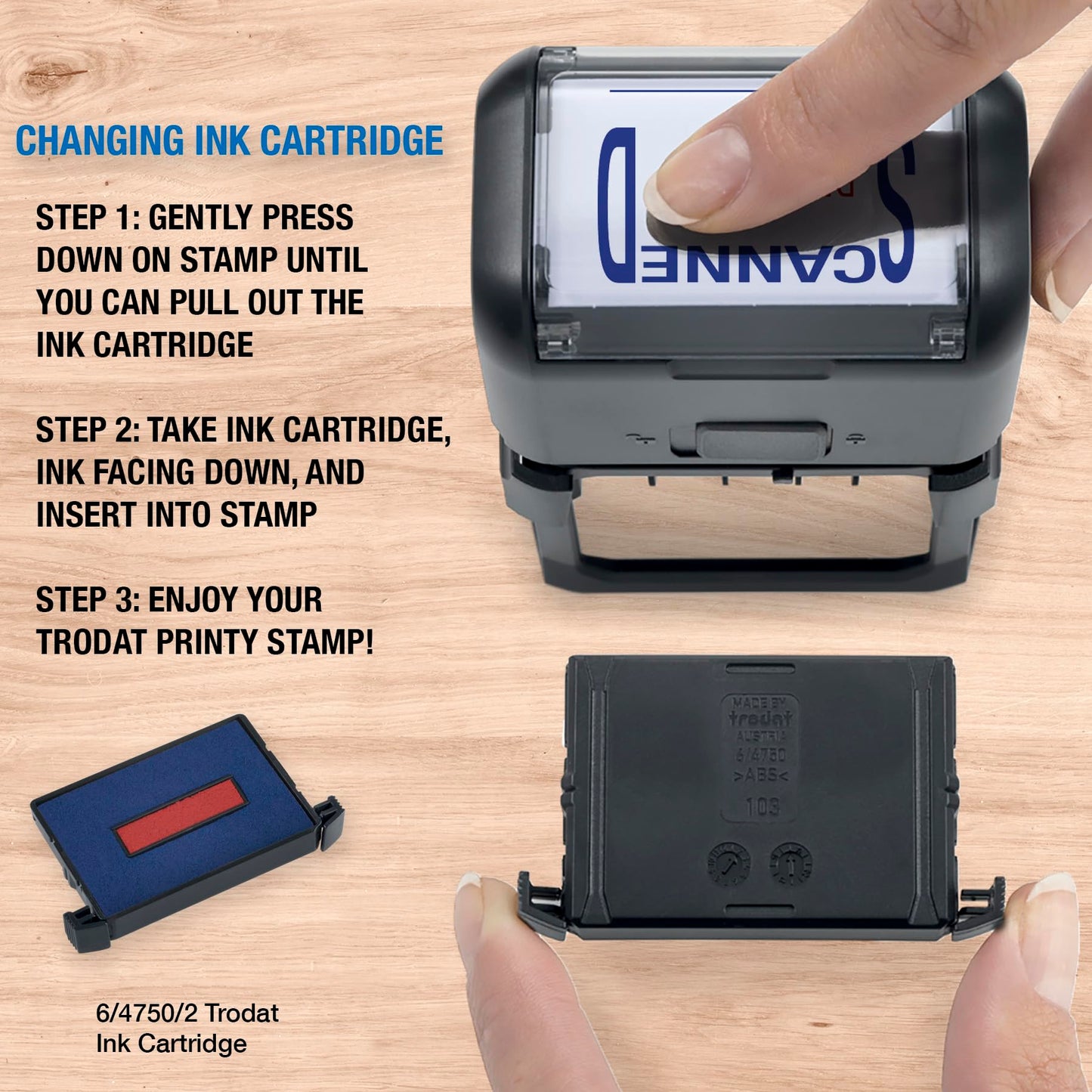 Trodat Printy 4750 Self Inking Date Stamp with Approved, Copy, EMAILED, Scanned – Blue and Red Ink, 1" x 1-5/8"