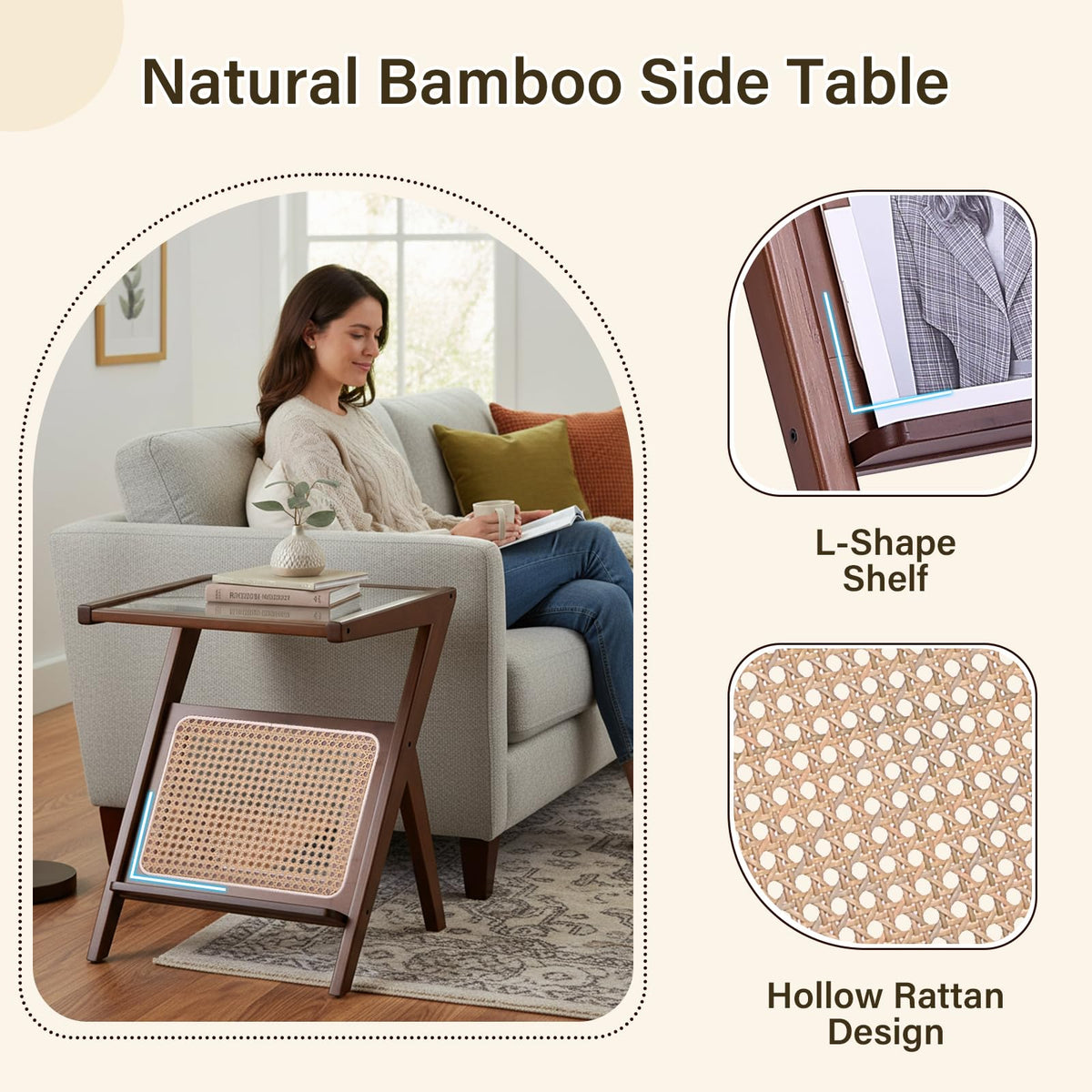 Tiita Rattan Nightstand Side Table, Bamboo Accent Bedside Tables, Glass Coffee Tables, Boho Wooden End Table with Storage for Small Space, Living Room and Bedroom