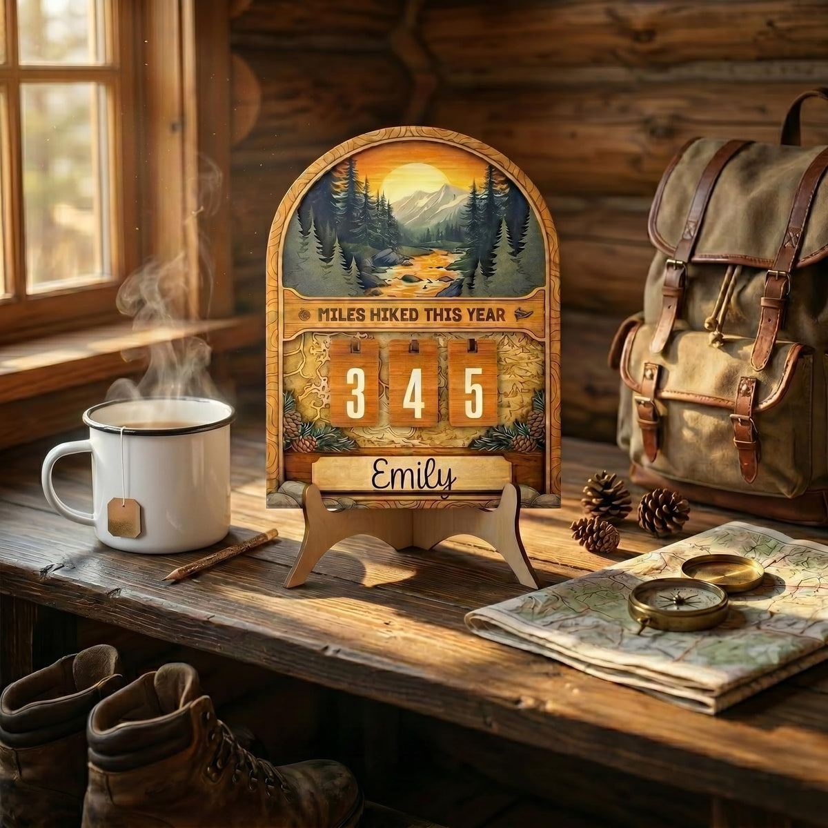 Hiking Gifts For Men Women Miles Hiked This Year Counter Personalized Wooden Trail Tracker Mountain Forest Decor With Hiking Ornament Pen Storage Box Unique Birthday Father Mothers Day Christmas