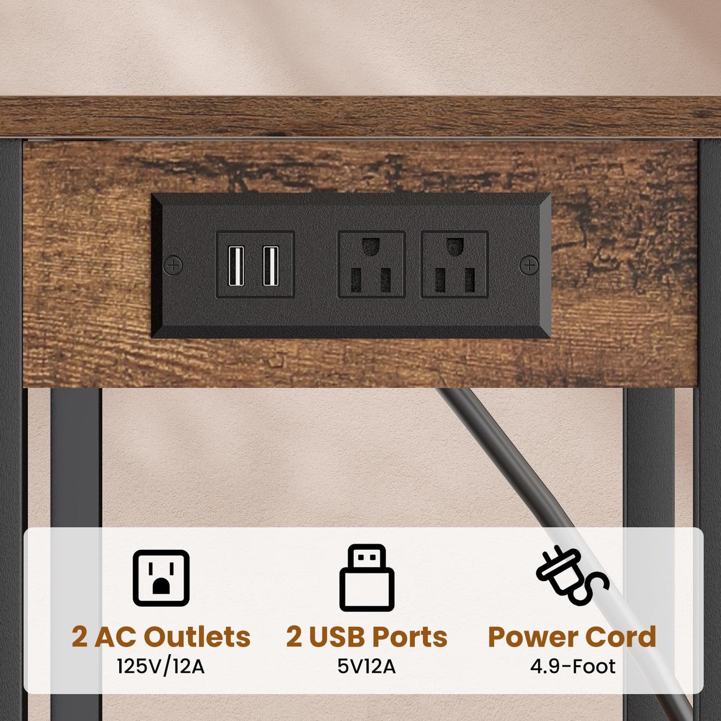 Creso hom Side Table with Charging Station, Tall End Tables Living Room, 30 Inch Skinny Night Stand with Storage, Small Bedside Tables for Bedroom, Office, Dorm, Hallway, Rustic Brown