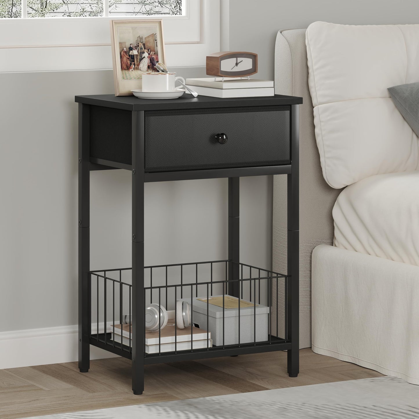 VAFEKOL Nightstand with PU Leather Front Drawer, 3-Tier End Table with Bottom Mesh Basket, Industrial Bedside Table for Small Spaces, Black