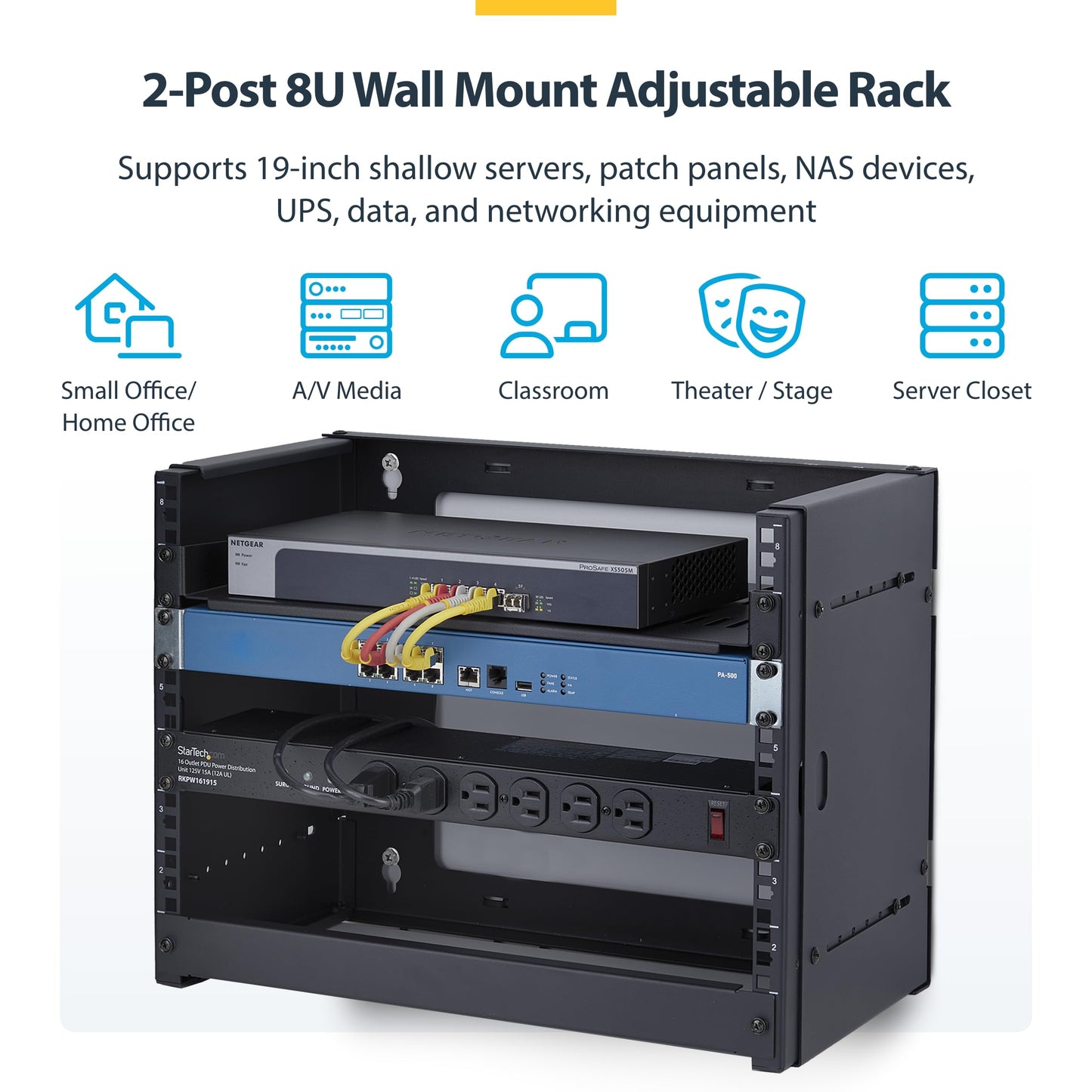 StarTech.com 2-Post 8U Wall Mounted Rack, Adjustable Depth up to 16in, for 19-inch Server/Data/Networking Equipment, Max 88lb