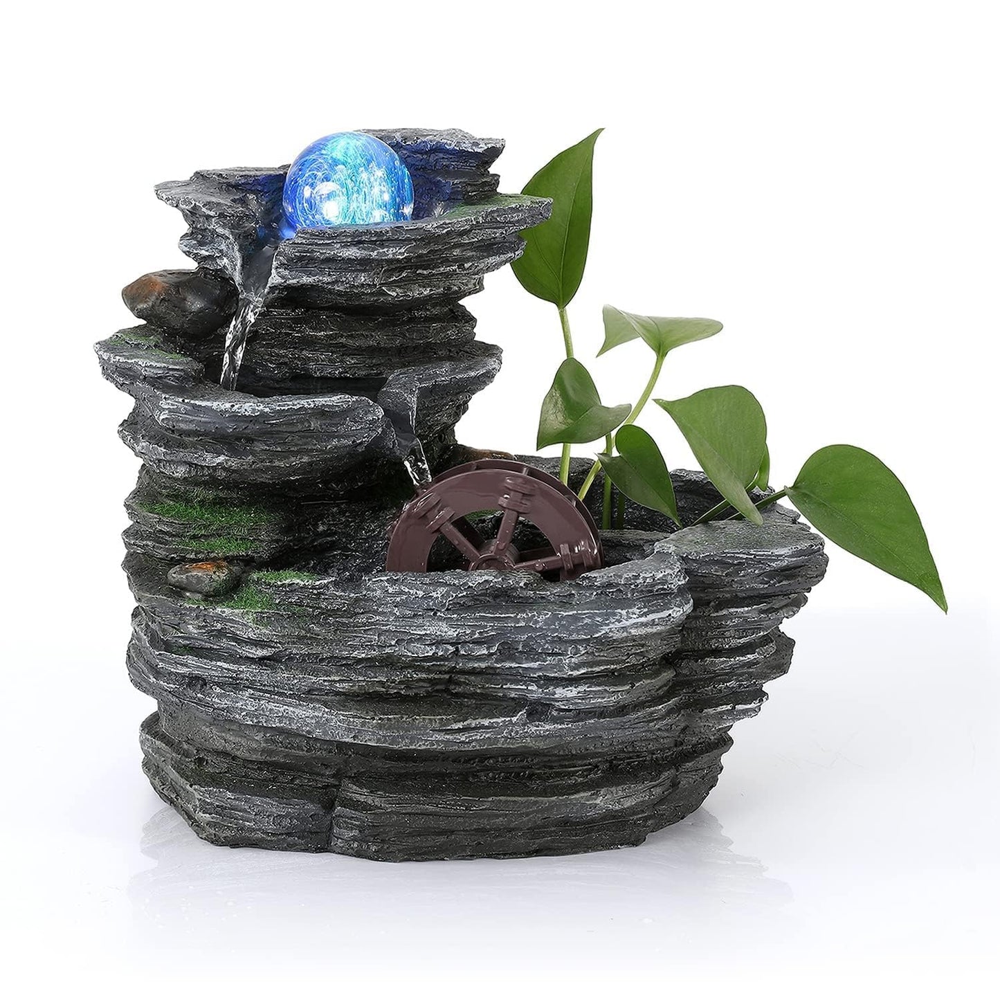 POWLAB Tabletop Water Fountain,Environmental Resin Meditation Waterfall,Desktop Fountain with Waterwheel,Indoor Waterfall Feature with Crystal Ball and Light for Home Office Decor Relaxation 10X7X11in
