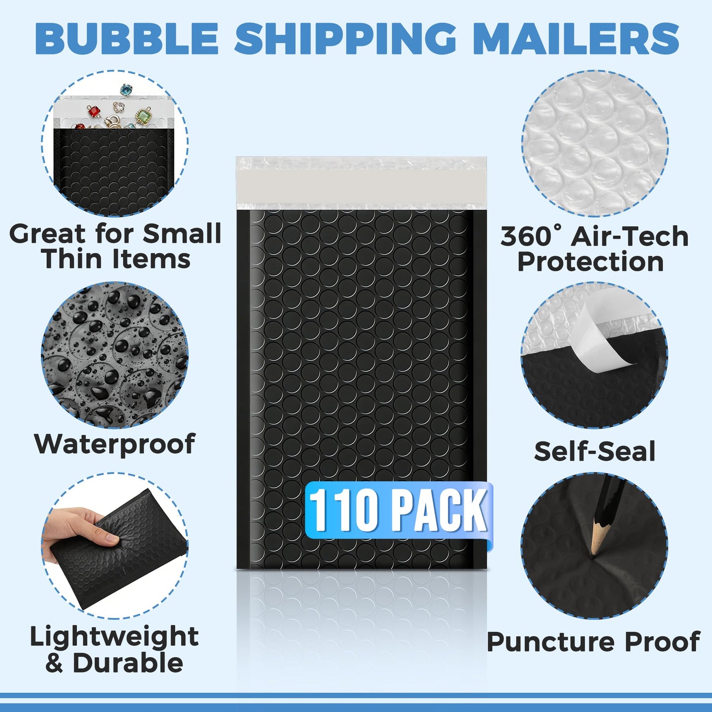 110-Pack Bubble Mailer 4'' x 8'' - Self-Sealing Waterproof Small Mailing Envelopes Padded Lightweight Shipping Bags for Accessories, Small Parts, Jewelry, Trading Cards, Compact Items 4x7 Usable Space