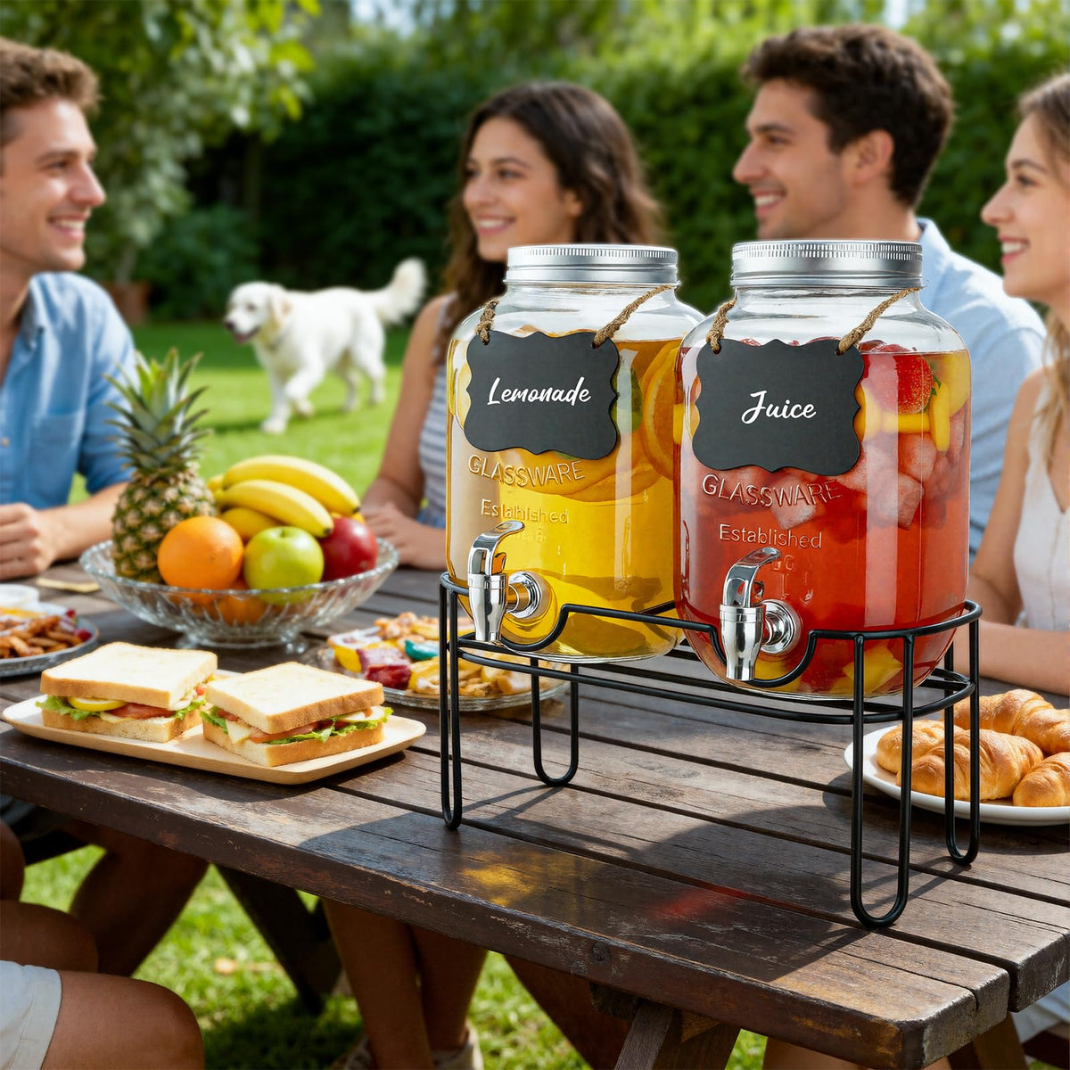 1 Gallon Glass Drink Dispensers For Parties, 2 Pack Beverage Dispenser，Lemonade Dispenser With Fruit Infuser And Stand For BBQ, Picnic, Party,Sun Tea