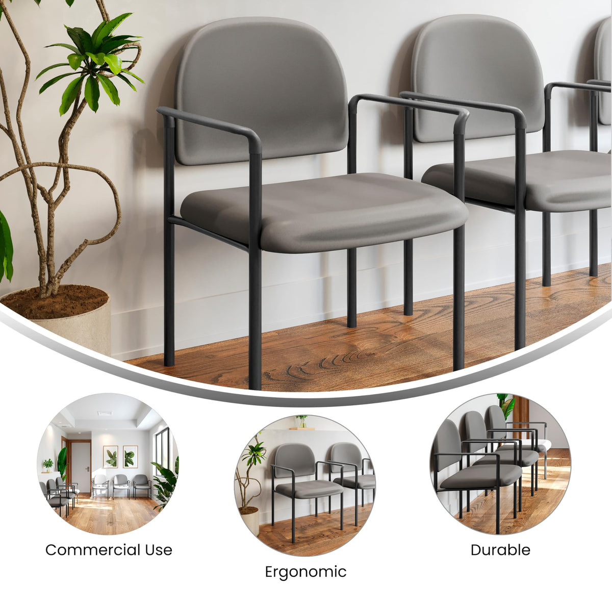 Flash Furniture Tiffany Side Reception Chair with Armrests, Stackable Vinyl Waiting Room Chair for Commercial or Residential Use, Gray