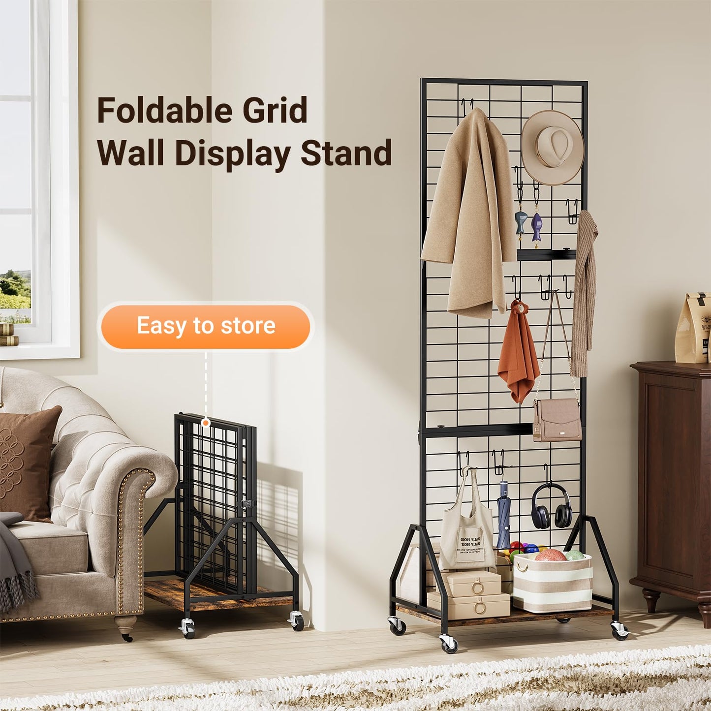 ELYKEN Foldable Grid Wall Panels 5.5' x 2' FT, Movable Wire Gridwall Display Rack with Wheels and Adjustable Foots, Retail Display Stand for Vendor with Storage (Rustic Brown)