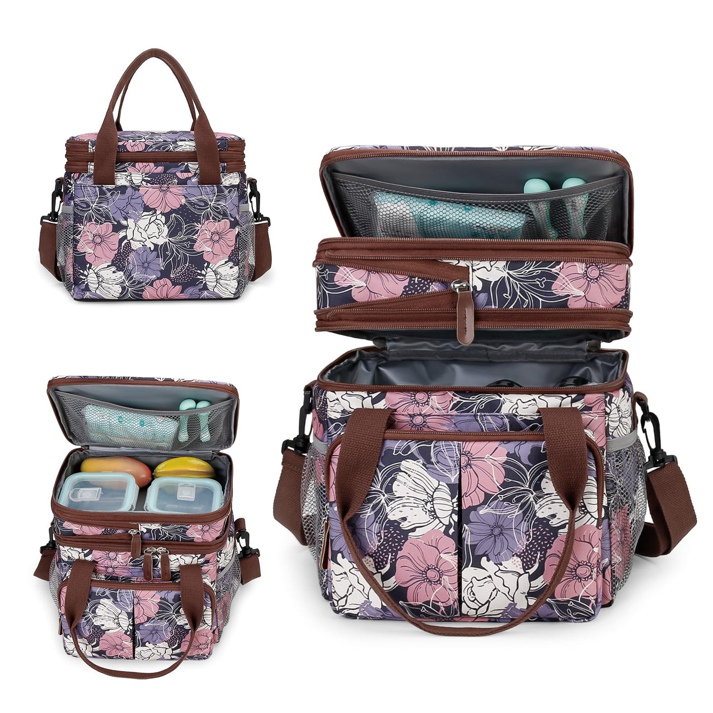 MOV COMPRA Lunch Bag for Women Men Double Deck Expandable Lunch Box,Large Lunch Bags,Leakproof Lunch Box Cooler Bag (Purple Flower)