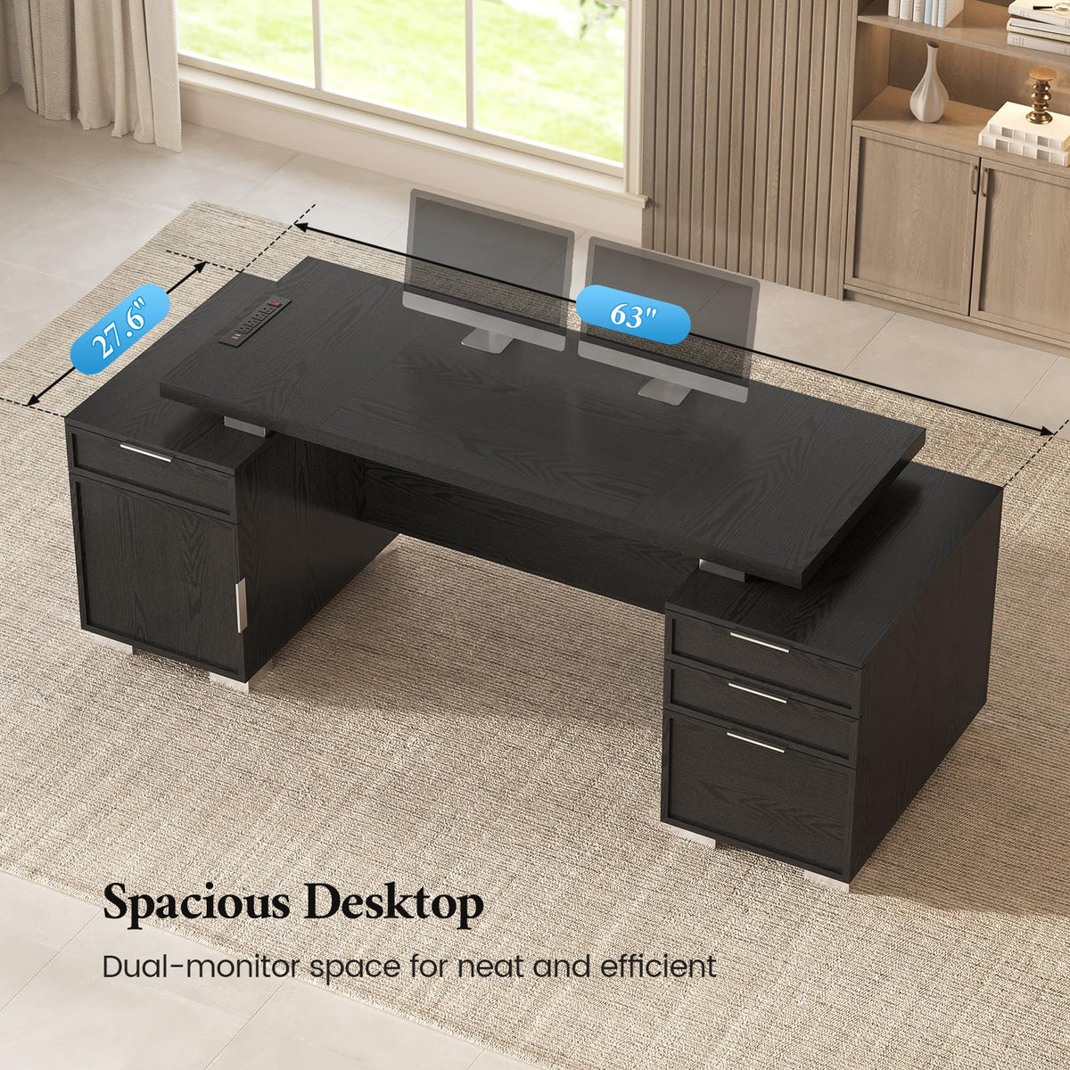 ANGRYWIN 80.6" Executive Desk with Power Outlet and File Drawer, Modern Home Office Desk with 3 Large Cabinets and Privacy Panel, Business Furniture for Home Office, Living Room, Black