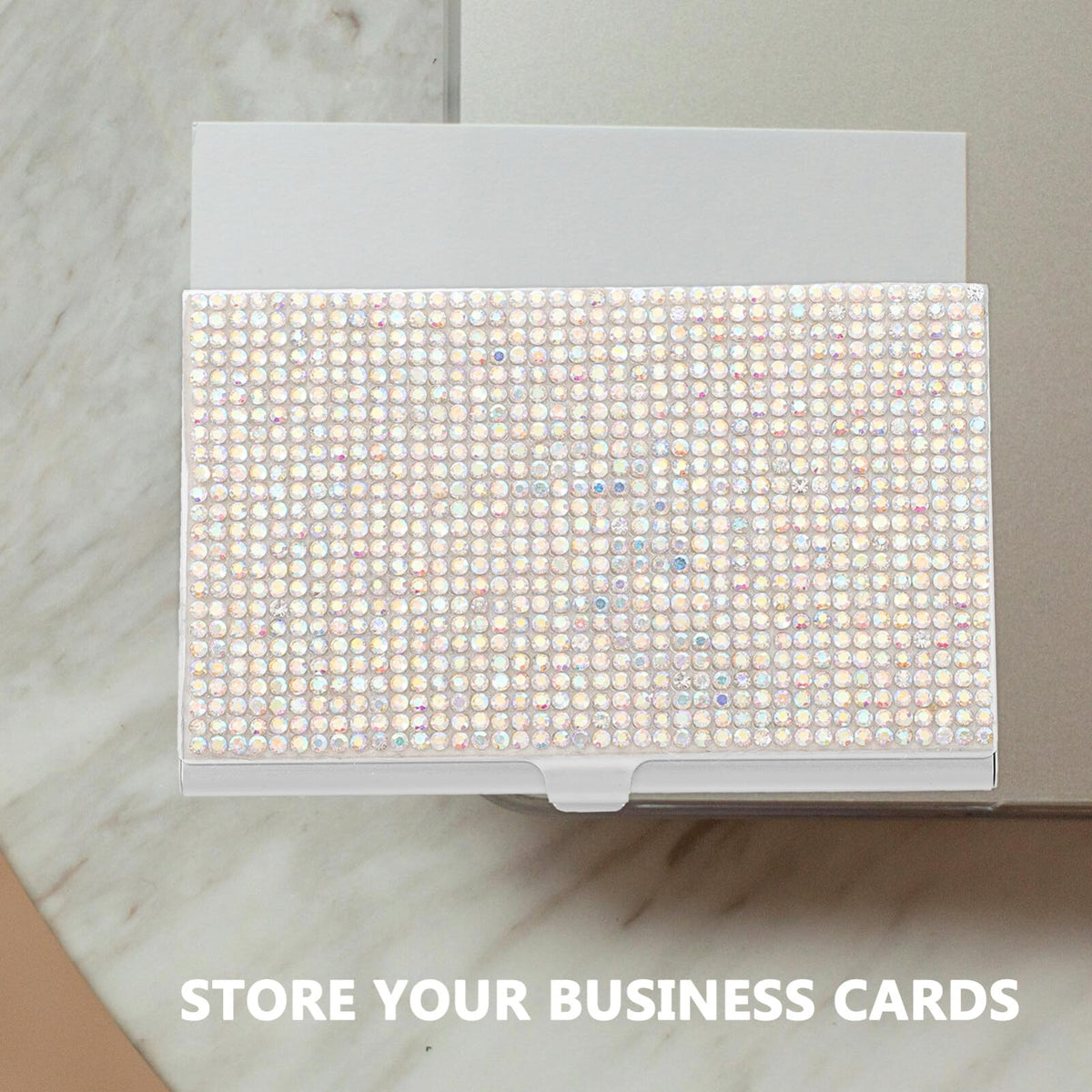 SHINEOFI Rhinestone Business Card Holder Portable Metal Cards Organizer Box Compact Office Card Storage Case 3.62X2.28X0.31In for Professionals