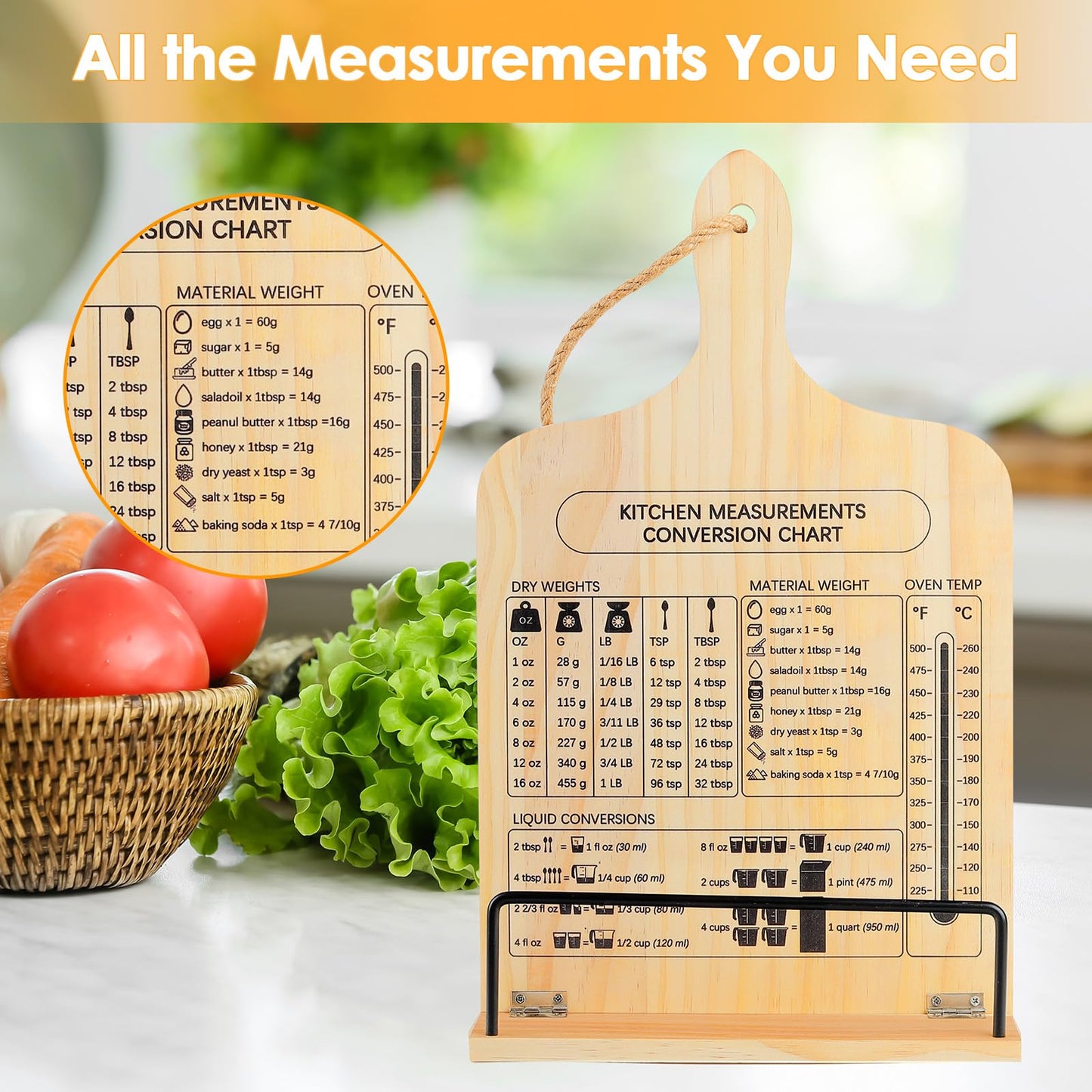 comfoyar Cookbook Stand for Kitchen Counter, Sturdy Recipe Book Holder with Adjustable Angle, Foldable Wood Cook Book Stand Holder with Measurement Conversion Chart, Easy Storage