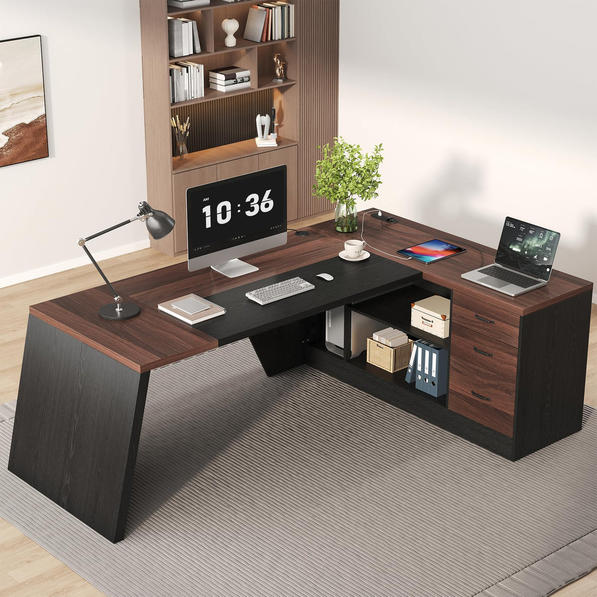 Epecoya L-Shaped Executive Desk with Drawer, 78-Inch Large Home Office Desk with Cord Hold and Power Outlet, Modern Computer Table with Lateral File Cabinet,Open Shelf and PC Stand, Walnut Brown Black