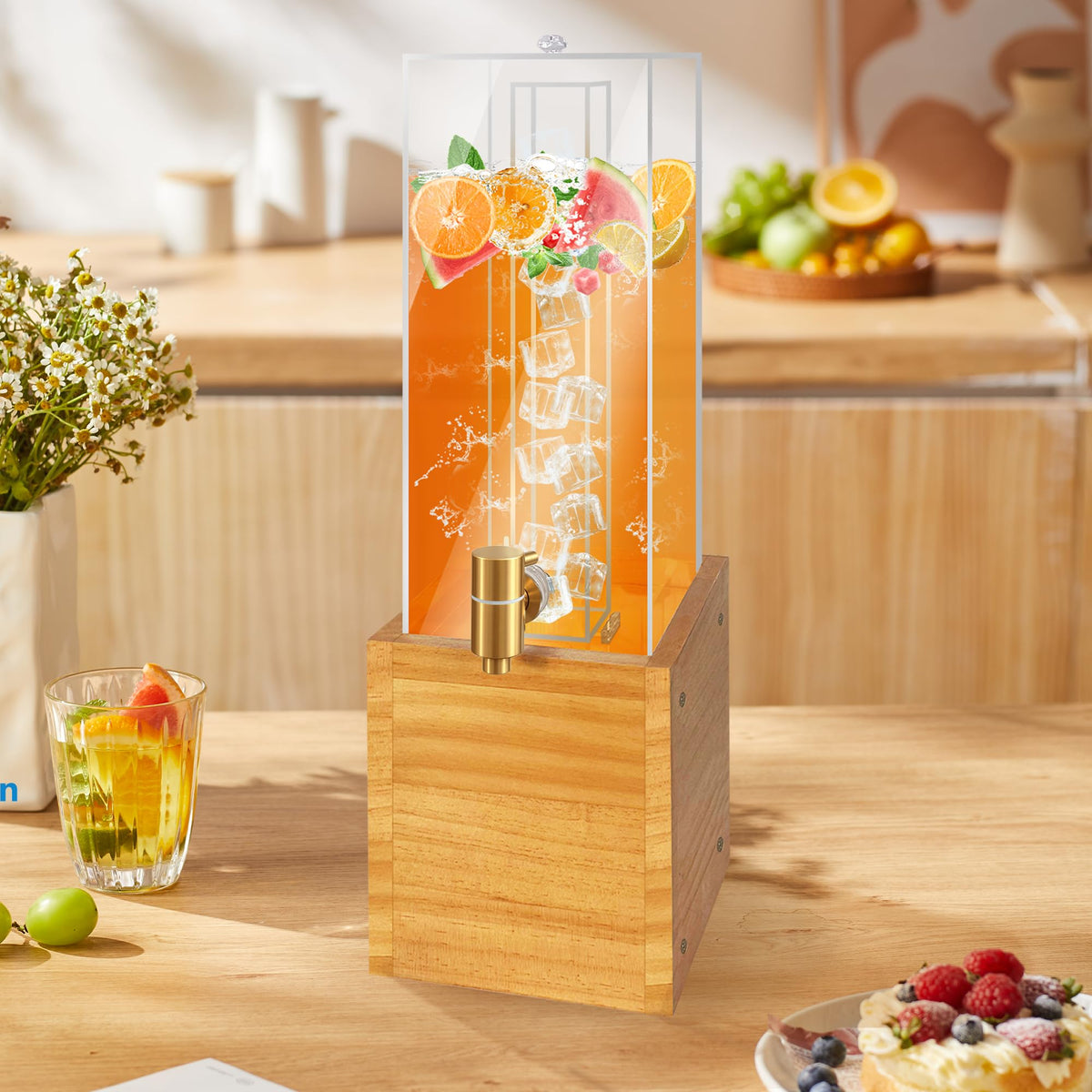2 Gallon Large Drink Dispenser, Drink Dispenser with Wood Stand, Drink Dispensers for Parties with Ice Core, Beverage Dispenser with Airtight Valve for Water, Punch, Juice