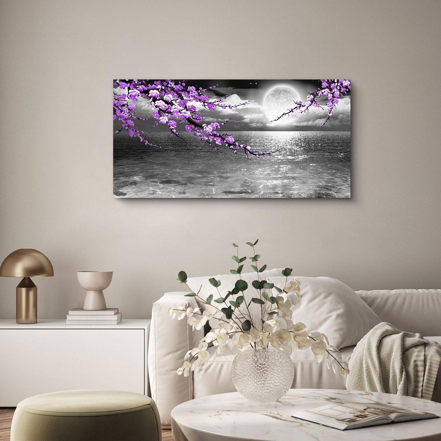 Large Purple Wall Art Decor for Living Room Bedroom Framed Black and White Seascape Full Moon Purple Flower Painting Canvas Picture Modern Hand-Painted Plum Blossom Artwork for Home Office