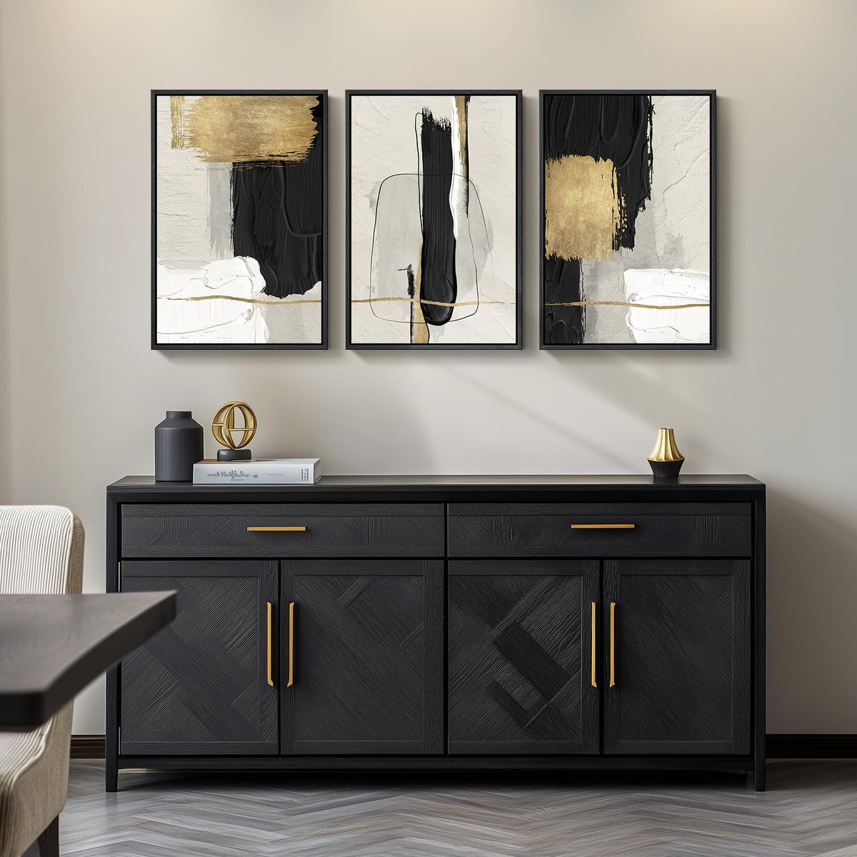 Framed Black and White Abstract Wall Art, 3 Piece Canvas Prints Paintings Artwork for Walls, Modern Minimalist Gold Beige Block Pictures for Living Room Hallway Office Wall Decor 16x24 Inch