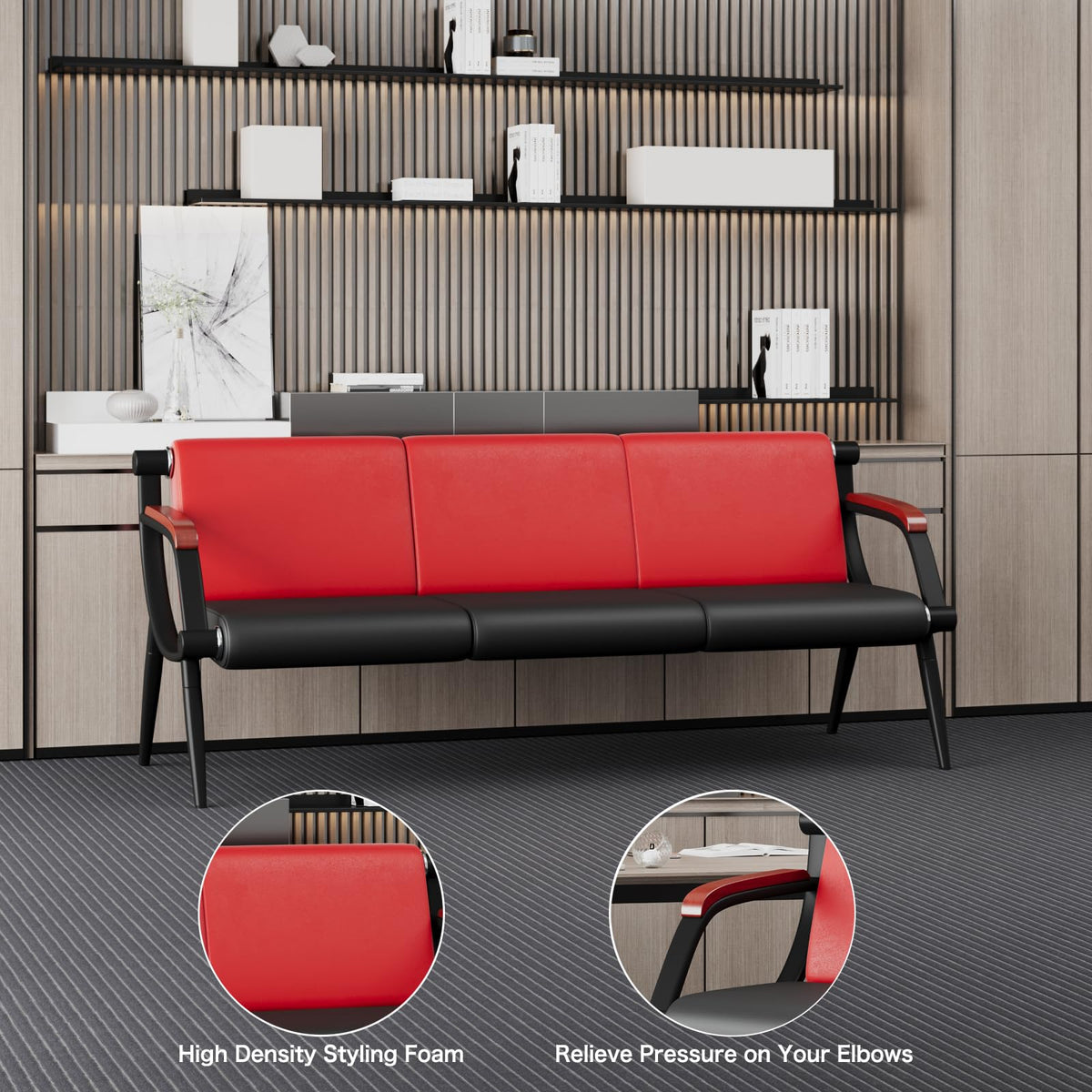 wonline Waiting Room Bench, Office Furniture Reception Chairs with Arms, Leather Chairs is Suitable for Clinic,Airport,Hospital,Barber,Salon,Bank-(Red&Black,4pcs)