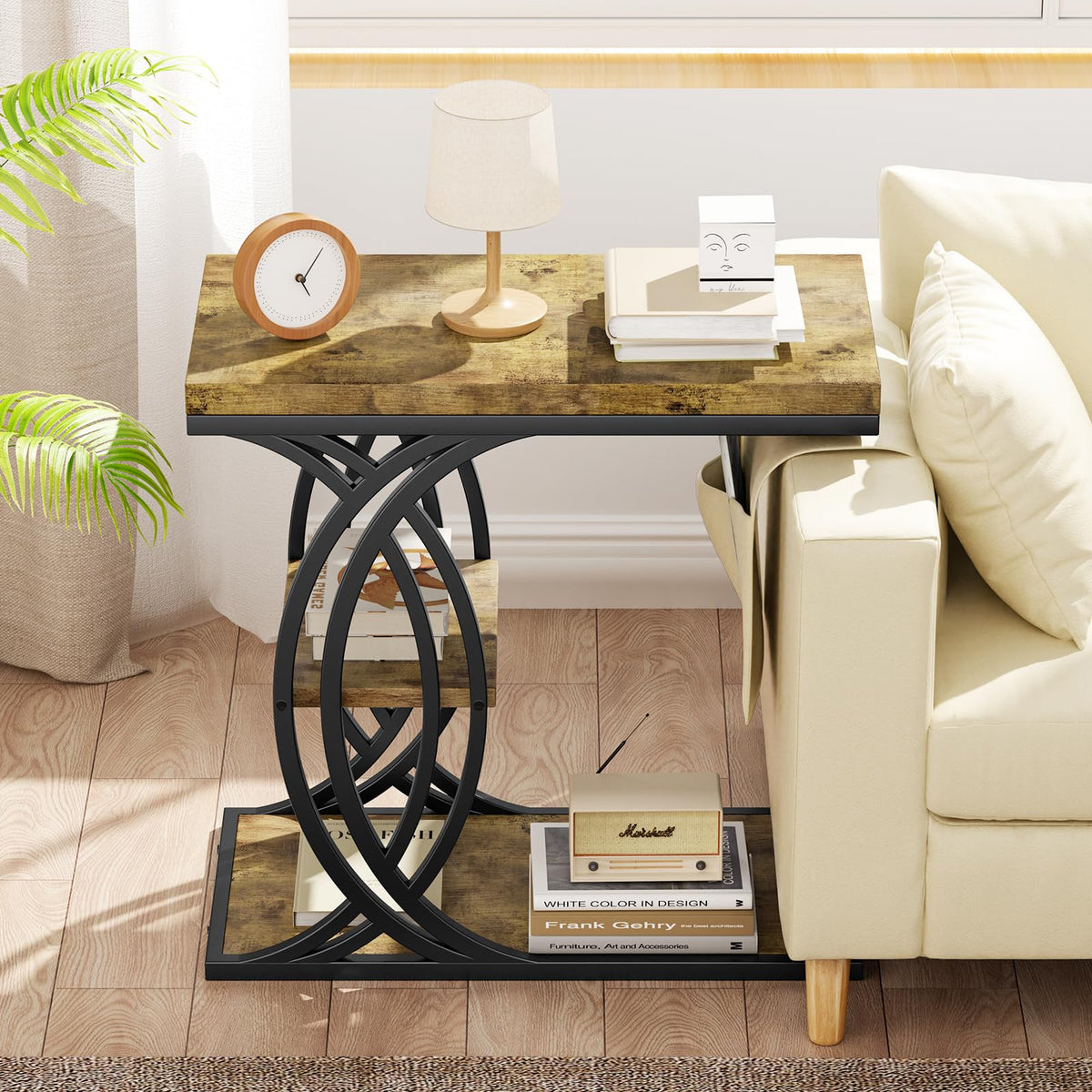 FJLHOHG C Shaped End Table, Bed Side Table, 3-Tier Side Table with Metal Frame, Wood End Table with Storage for Living Room, Couch, Sofa, Bedroom, Easy Assembly, 23.6" D*11.8" W*23.6" H, Rustic Brown