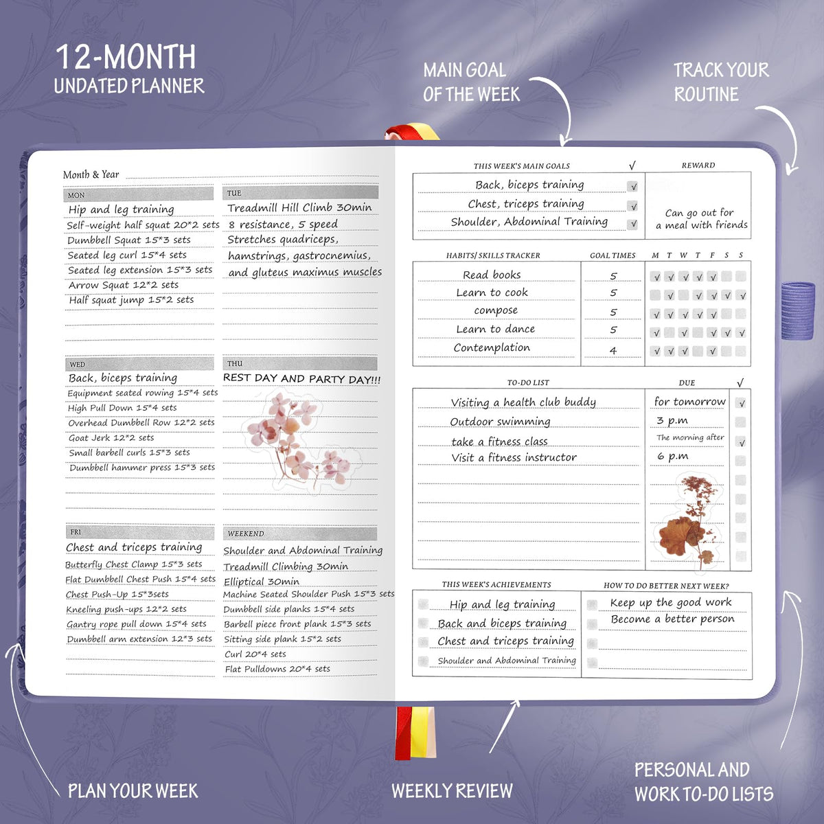 Undated Luxurious Weekly & Monthly Planner to Increase Productivity Hit Your Goals, Organizer Notebook Gratitude Journal Time Management Start Anytime, A5, Lasts 1 Year