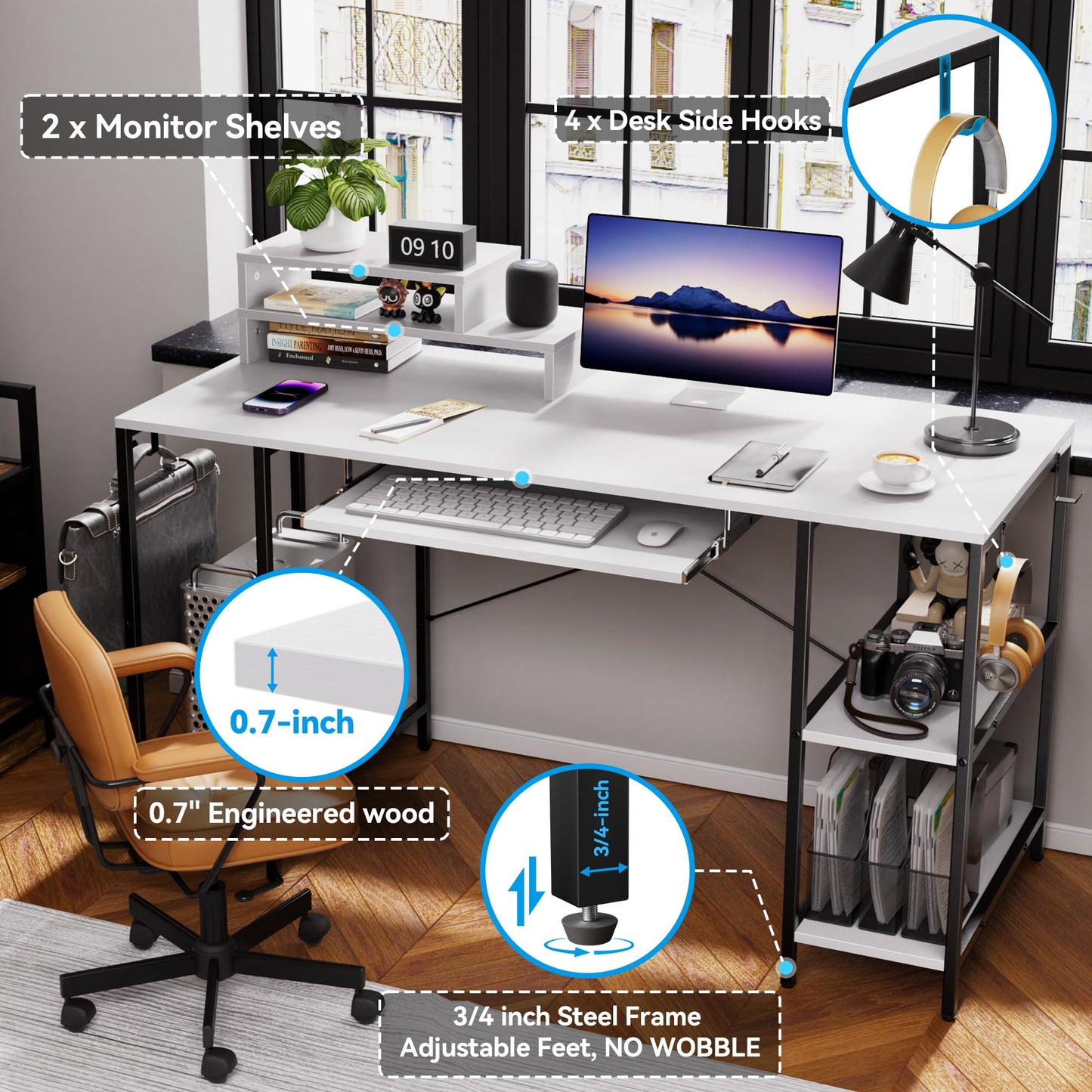 HYPIGO Computer Desk with Keyboard Tray, 55 Inch Music Studio Desk Music Production Desk with Storage Shelves Monitor Stands and 4 Iron Hooks, Workstation Gaming Table for Home Office