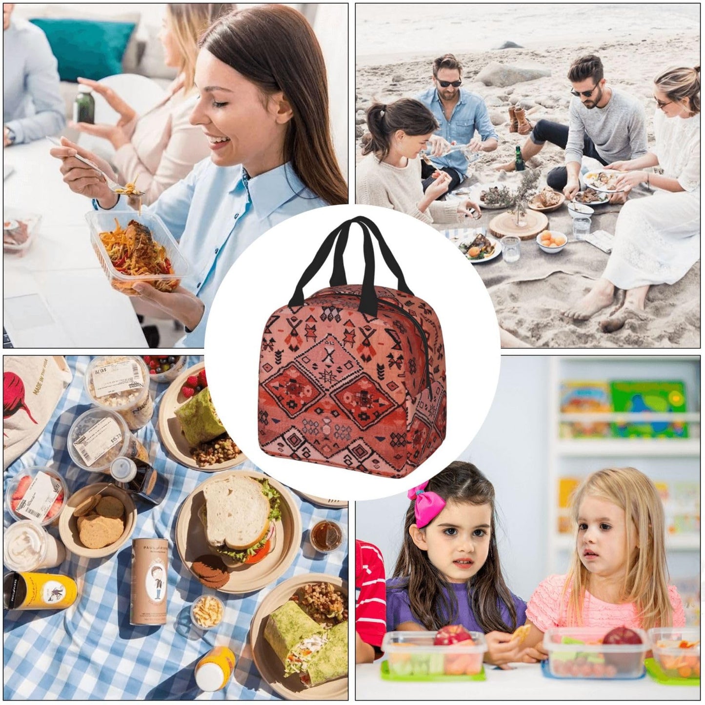 Poacnip Boho Farmhouse Oriental Traditional Moroccan Style Insulated Lunch Bag Portable Reusable Lunch Box Thermal Cooler Tote Bag With Pockets For Women Men Work Office Picnic Travel