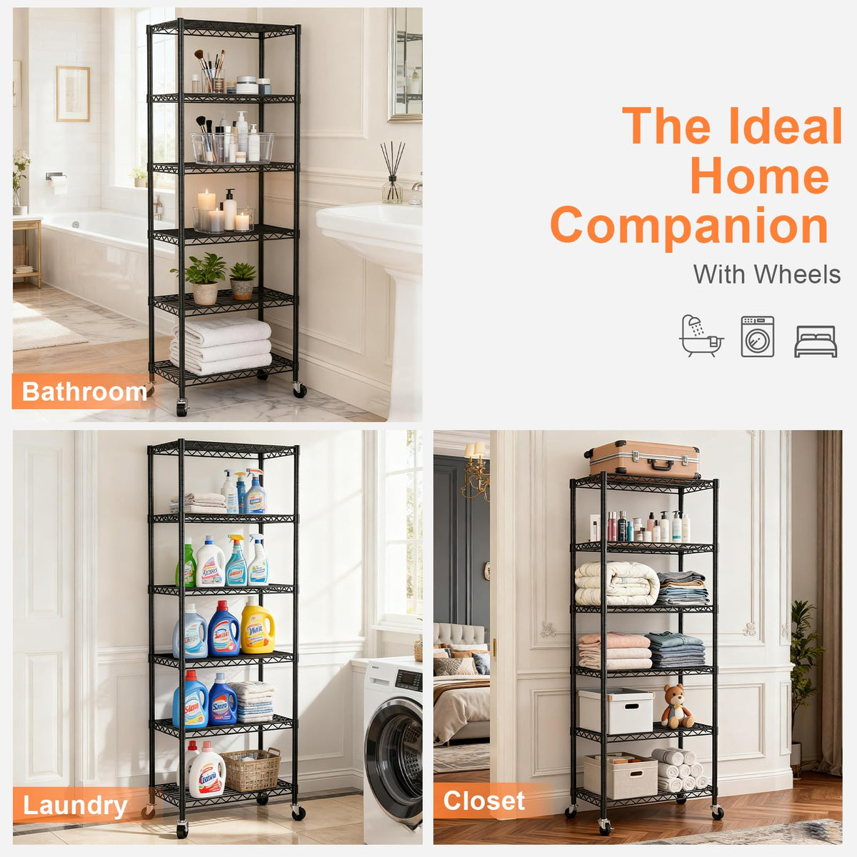 VANZBON 6-Tier Wire Rack Shelving,21.3" Wx11.4 Dx73 H,Metal Shelf On Lockable Wheels,Height Adjustable Wire Storage Shelves for Narrow Space/Kitchen/Pantry/Laundry/Office/Closet/Black