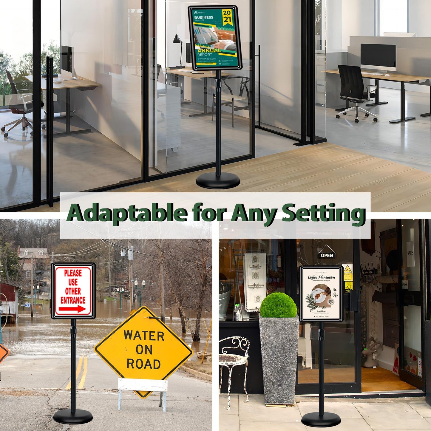 Mutualsign 11x17 inches Poster Stand Holder Adjustable Pedestal Floor Standing Sign Holder Vertical and Horizontal View Sign Display, Aluminum Snap Open Frame with Safety Corner, Black