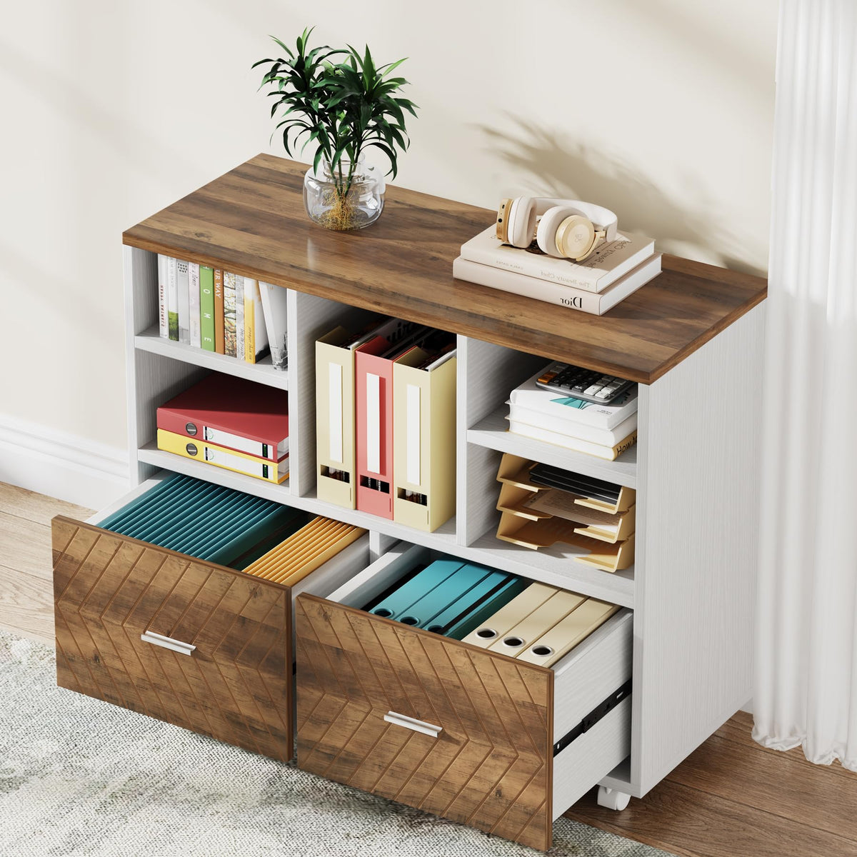 Tribesigns 2-Drawer Wood File Cabinet, Mobile Lateral Filing Cabinet for Hanging Letter Size Files, Printer Stand with Open Storage Shelves for Home Office (Oak Karo & White)